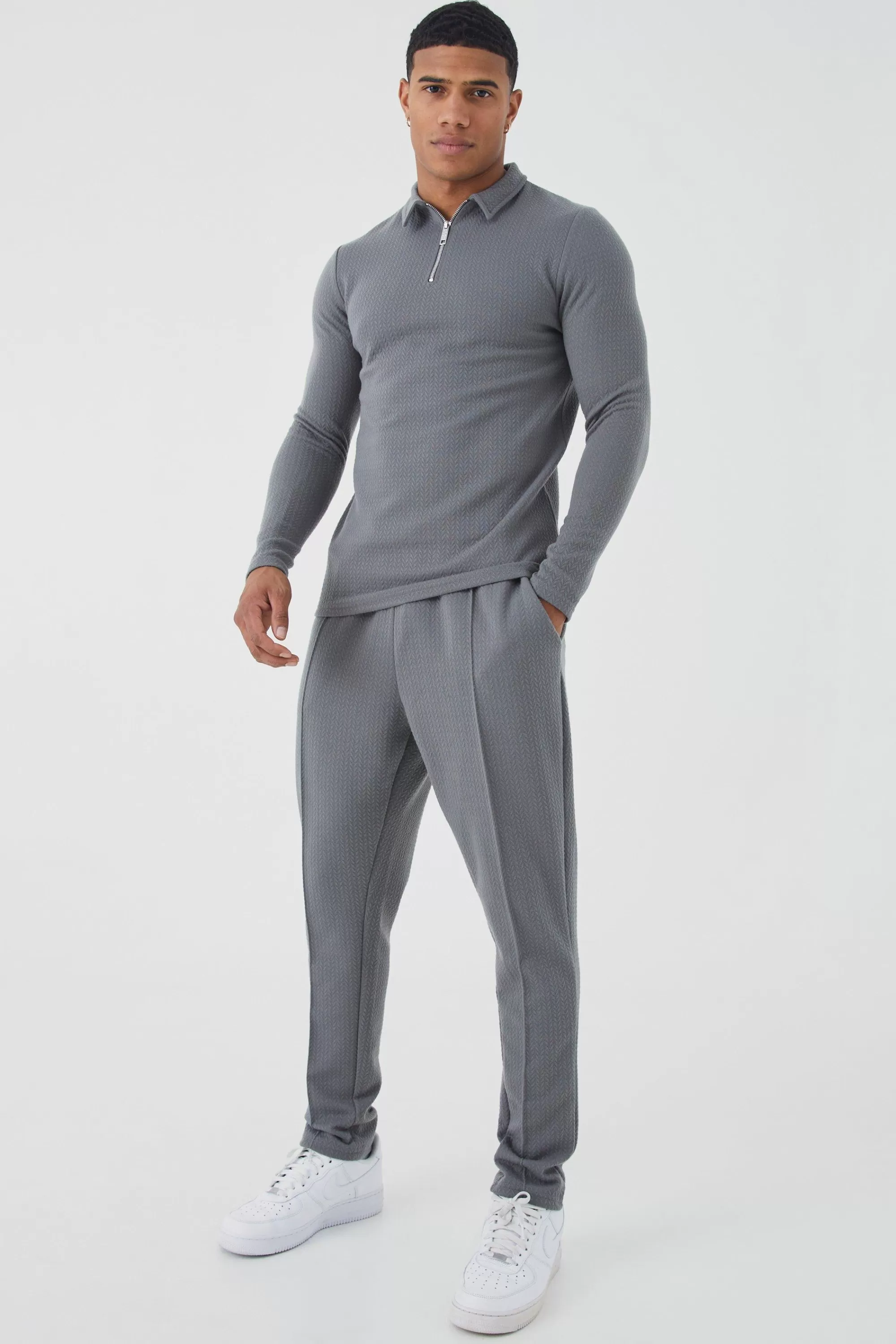 boohooMAN Slim Long Sleeve Jacquard Polo & Jogger Set | UK