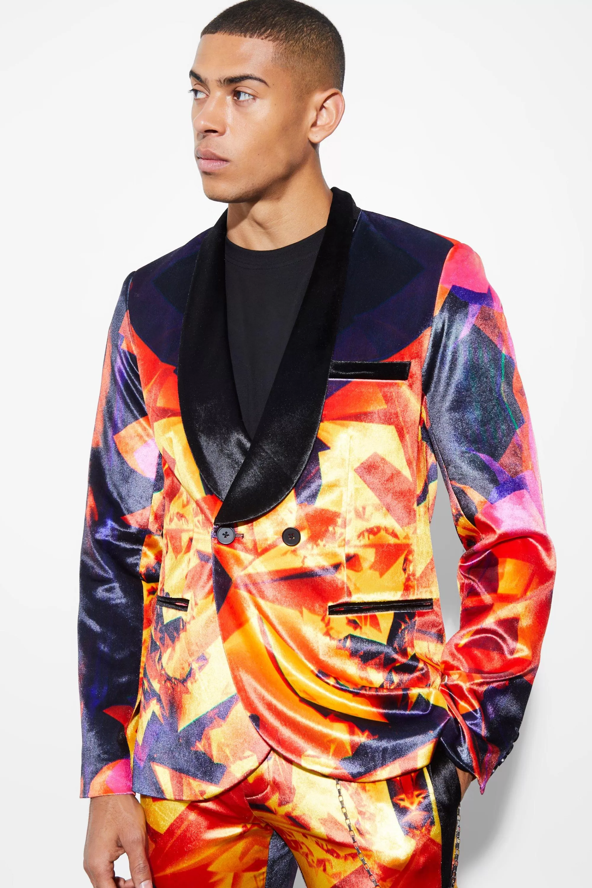 boohooMAN Slim Printed Velour Suit | UK