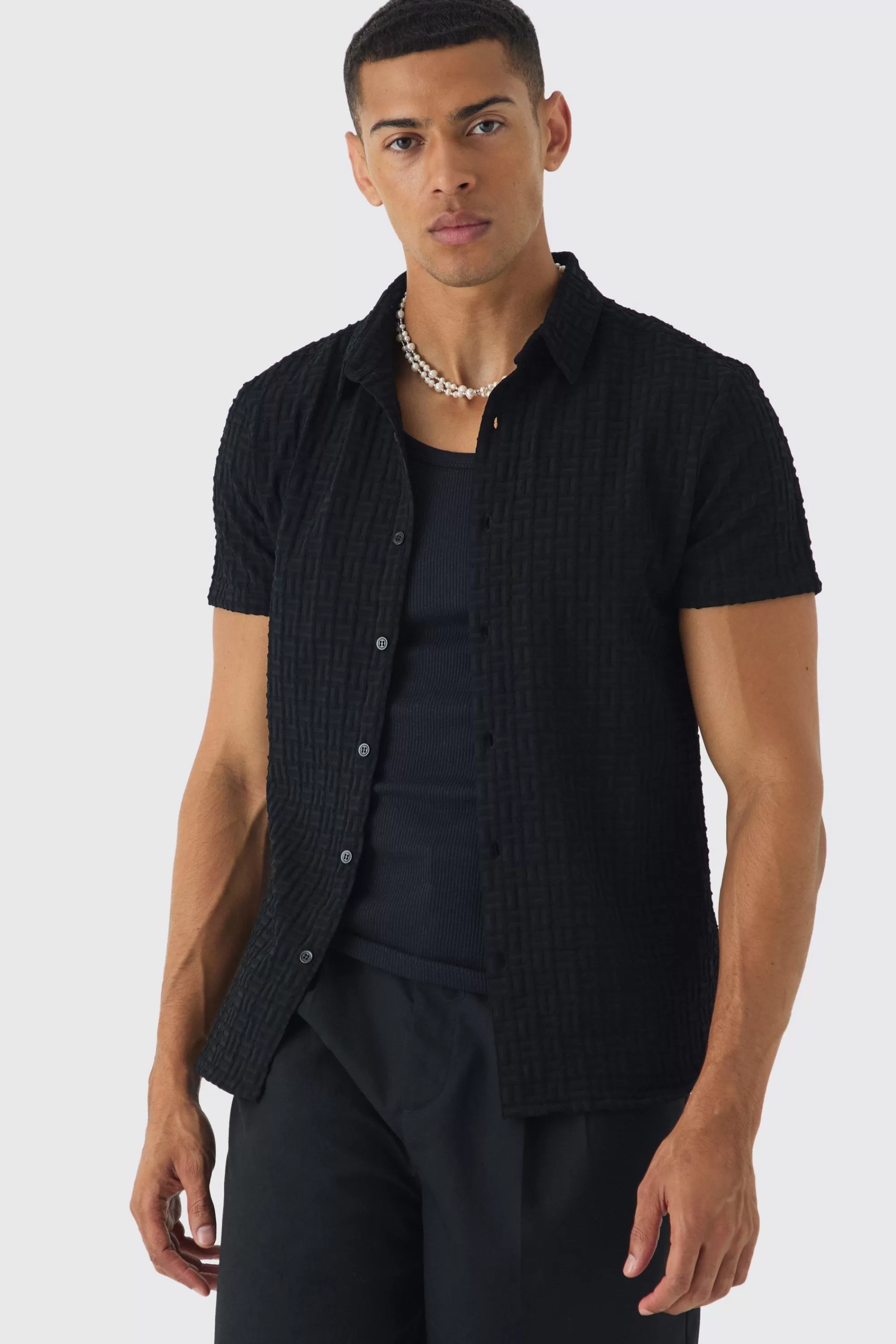 boohooMAN Slim Revere Short Sleeve Textured Shirt | UK