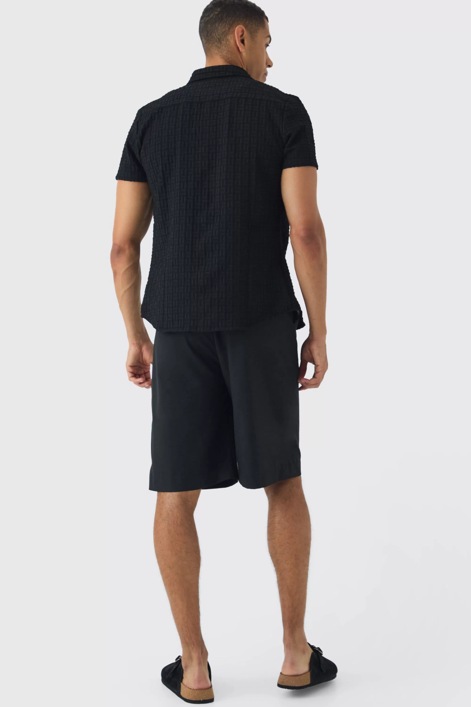boohooMAN Slim Revere Short Sleeve Textured Shirt | UK