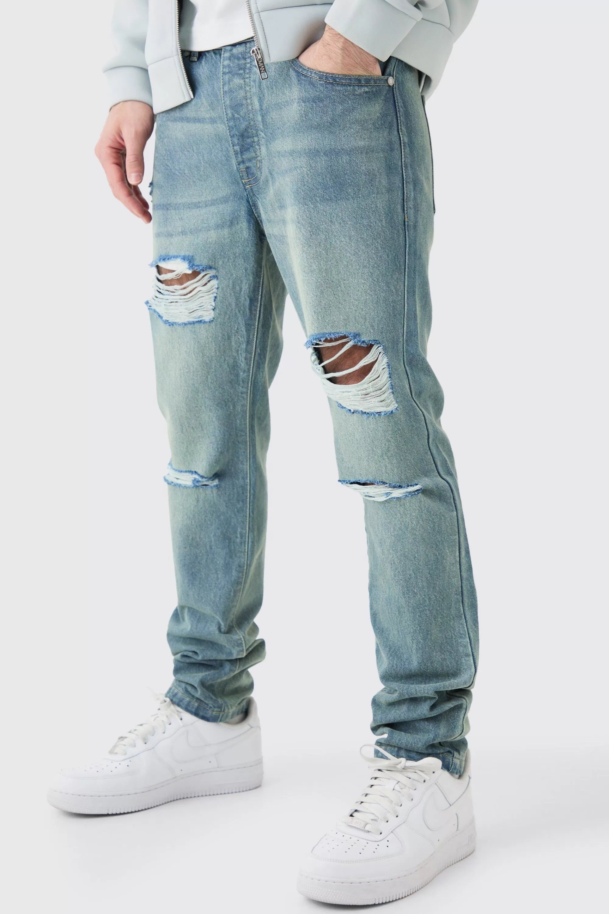 boohooMAN Slim Rigid All Over Rip Jean In | UK