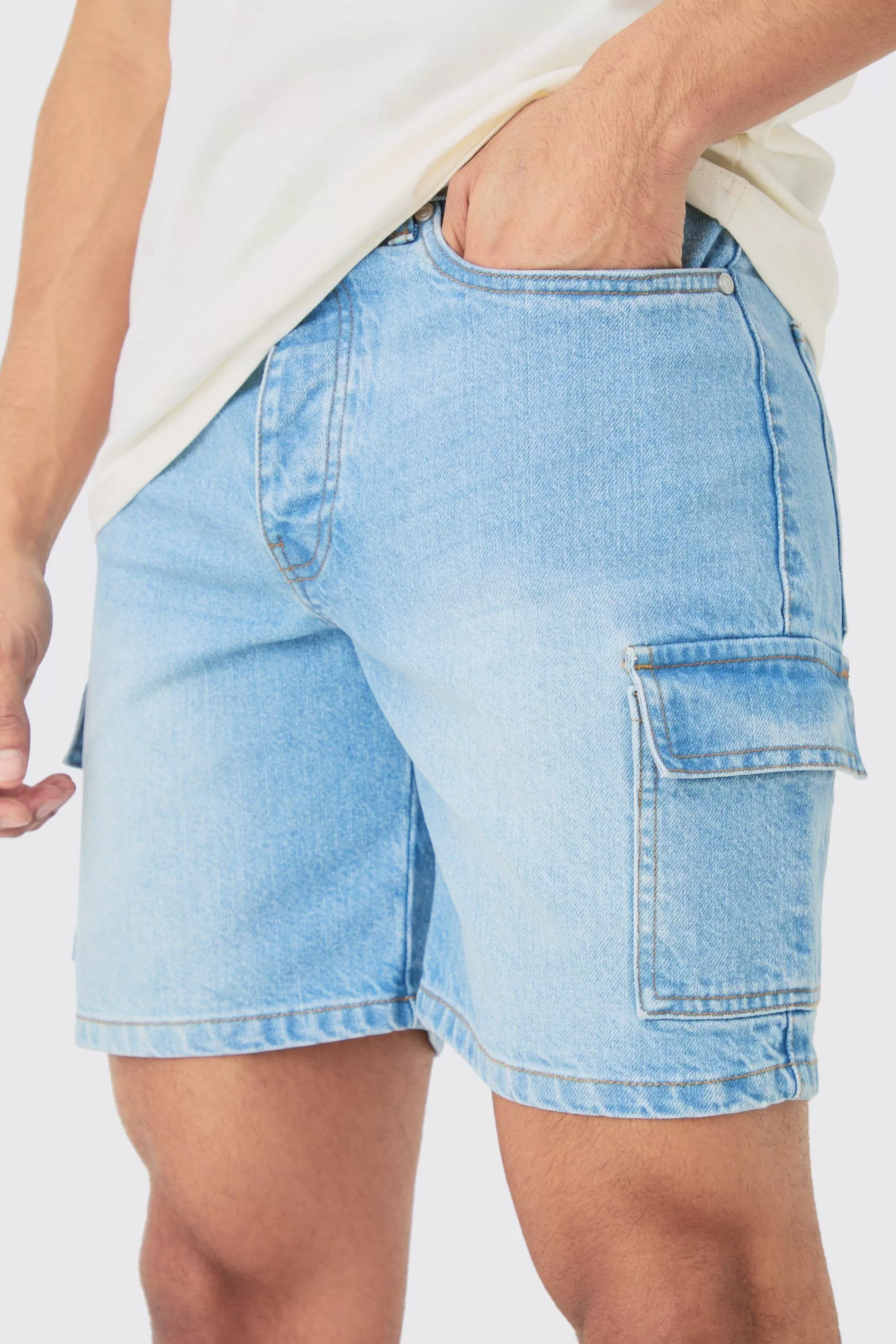 boohooMAN Slim Rigid Cargo Denim Shorts In | UK