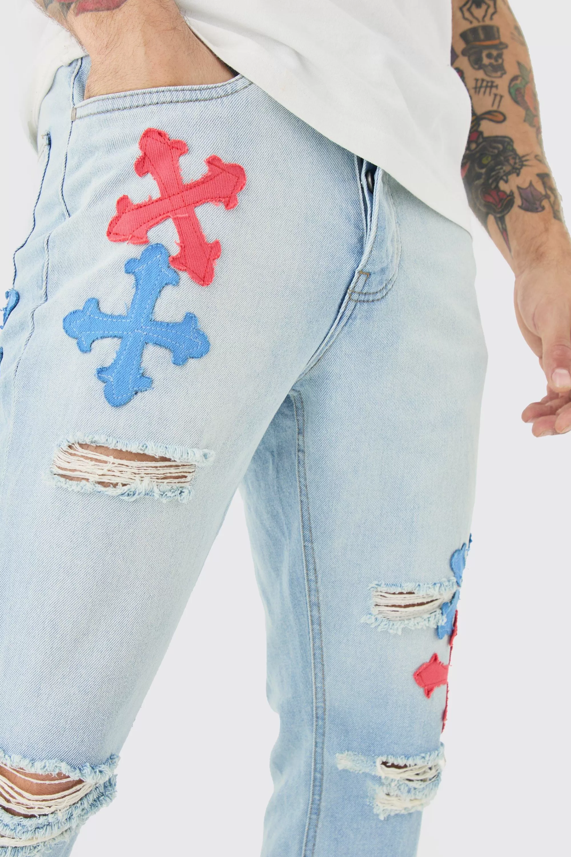 boohooMAN Slim Rigid Flare Applique Jeans In | UK