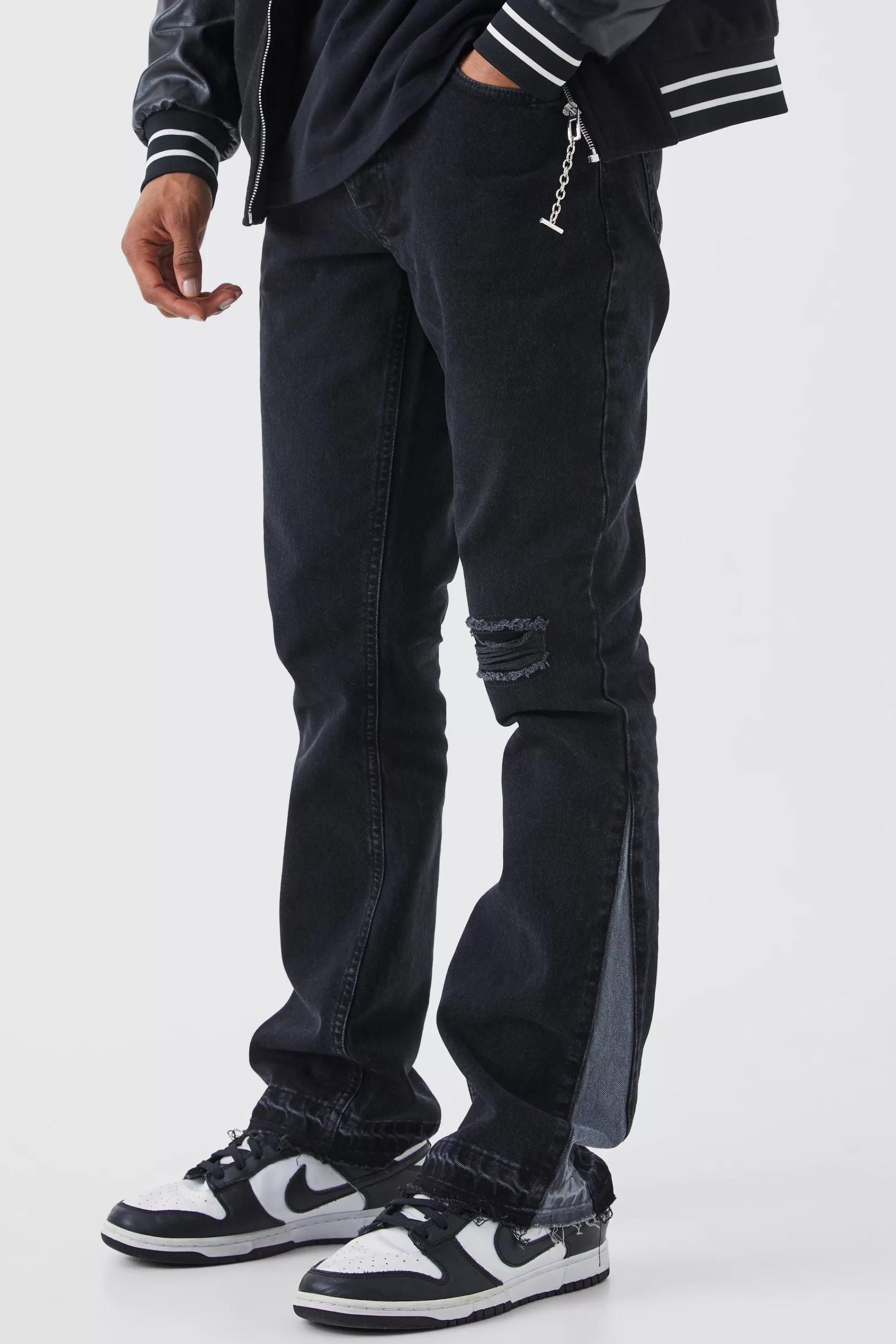 boohooMAN Slim Rigid Flare Contrast Gusset Rip Jeans | UK