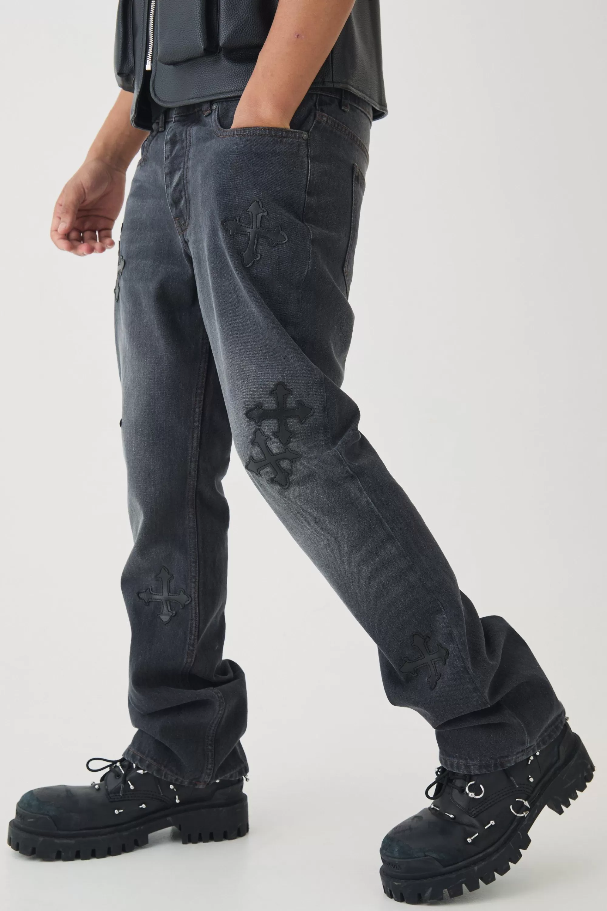 boohooMAN Slim Rigid Flare Cross Embroidered Jeans | UK