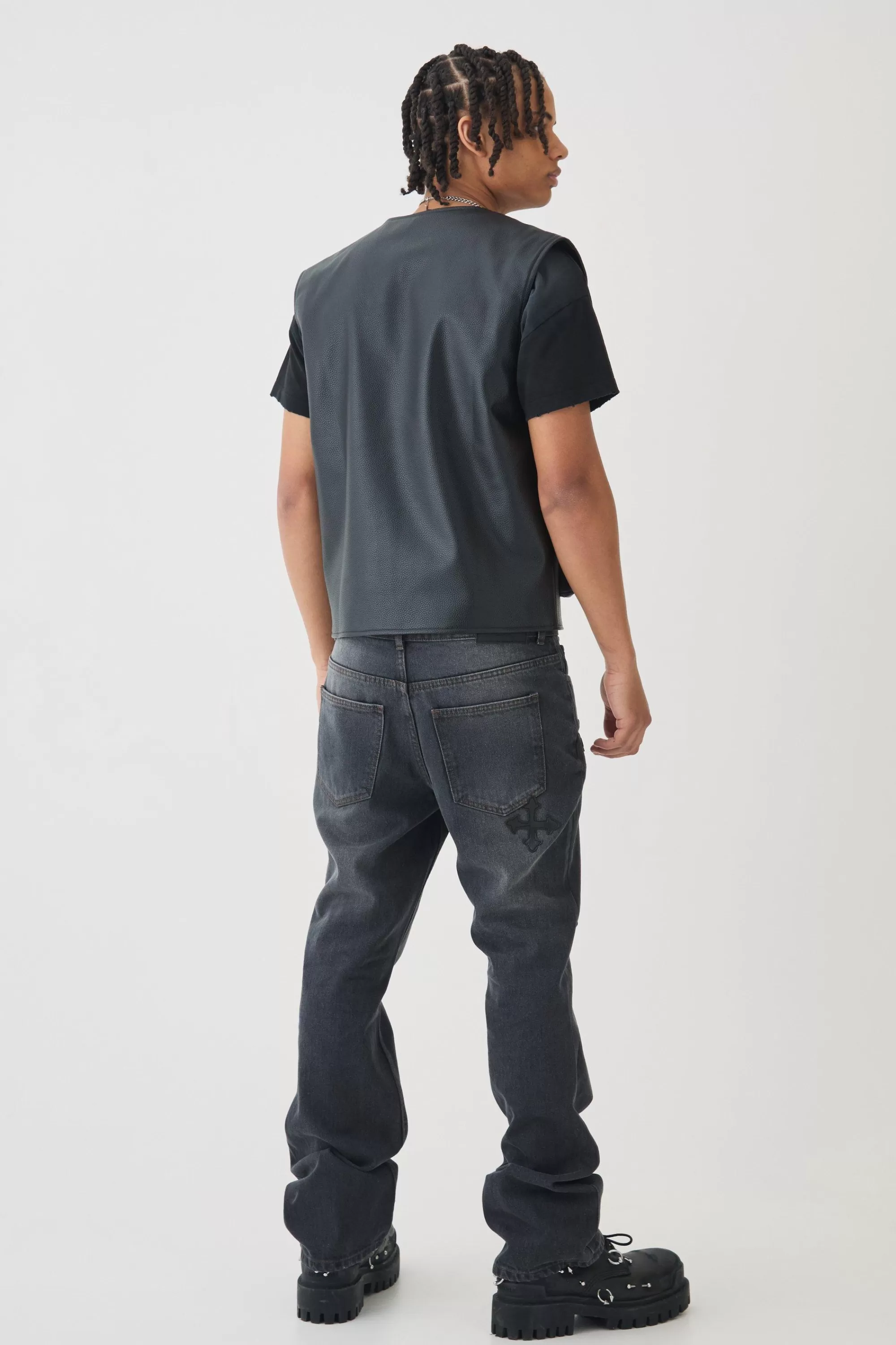 boohooMAN Slim Rigid Flare Cross Embroidered Jeans | UK