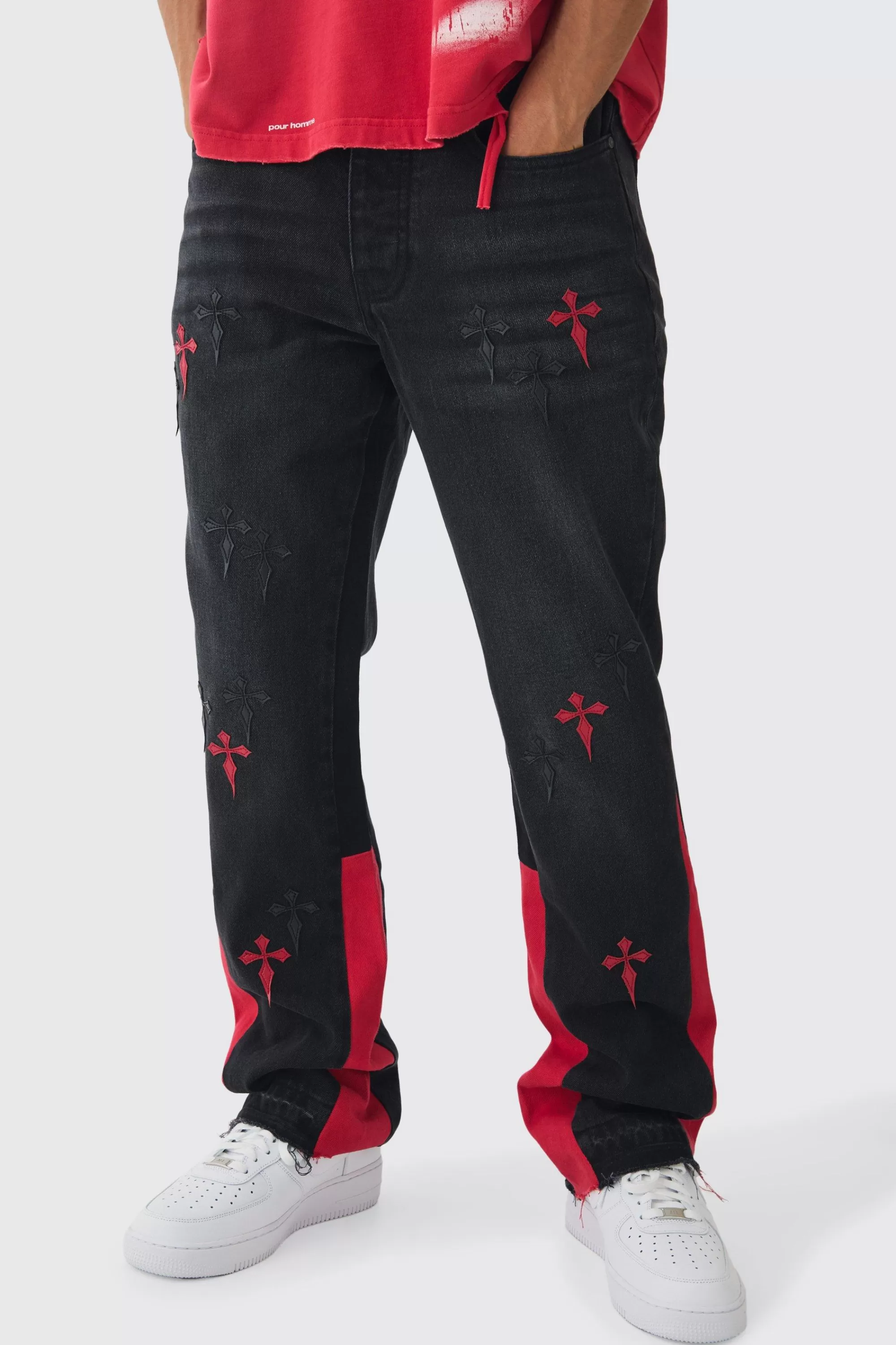 boohooMAN Slim Rigid Flare Cross Pu Applique Washed Jeans | UK