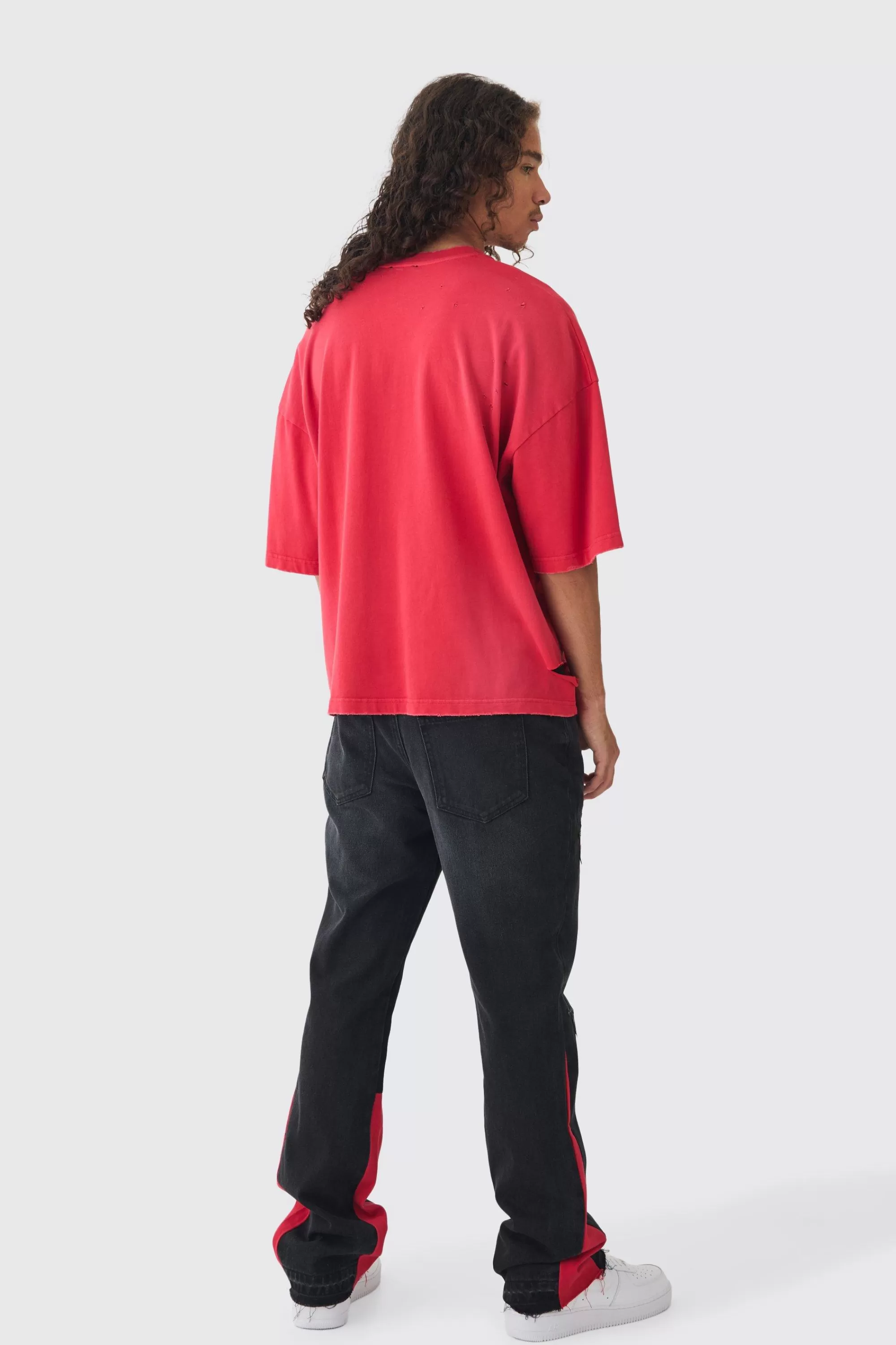 boohooMAN Slim Rigid Flare Cross Pu Applique Washed Jeans | UK