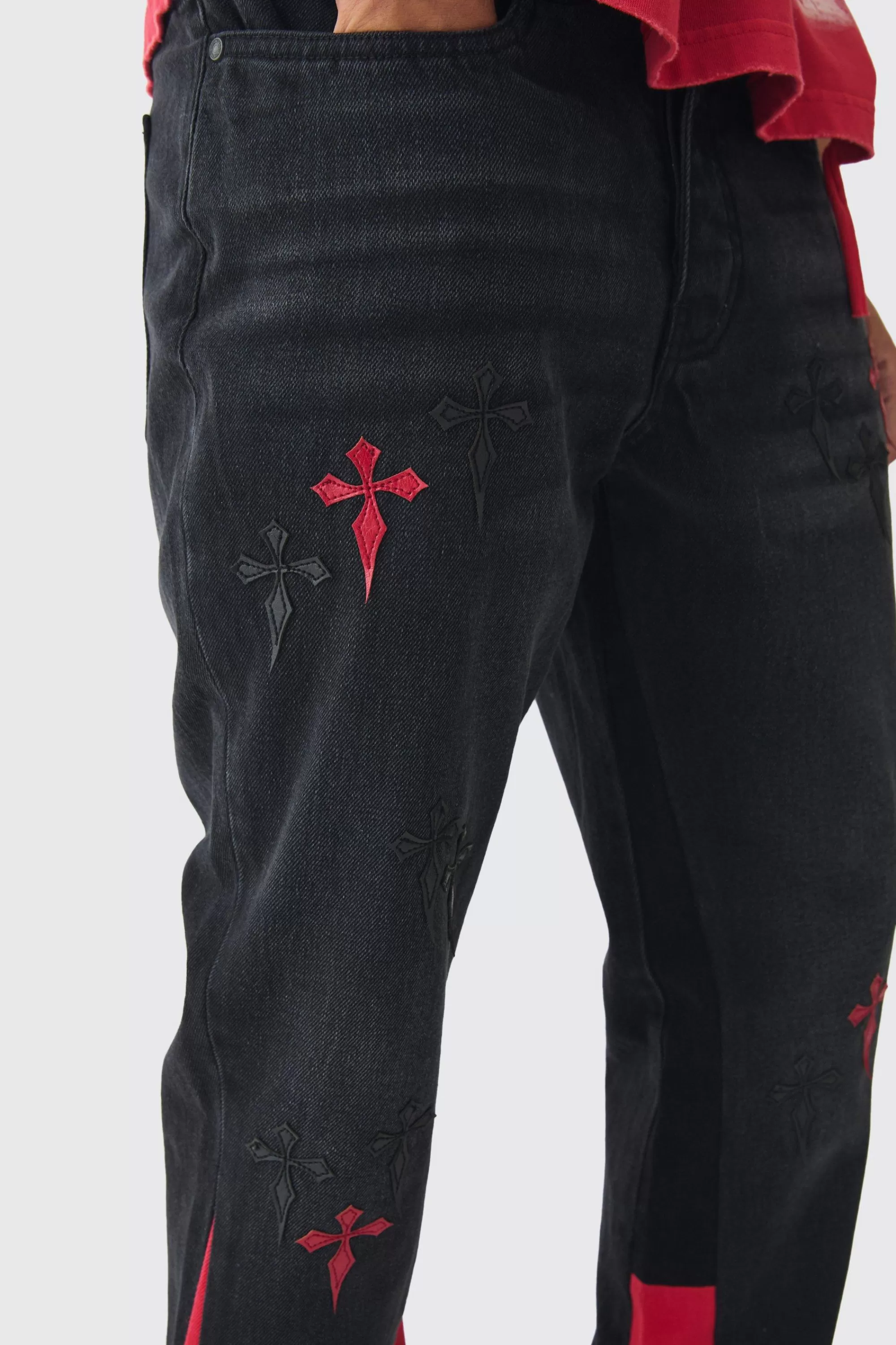 boohooMAN Slim Rigid Flare Cross Pu Applique Washed Jeans | UK