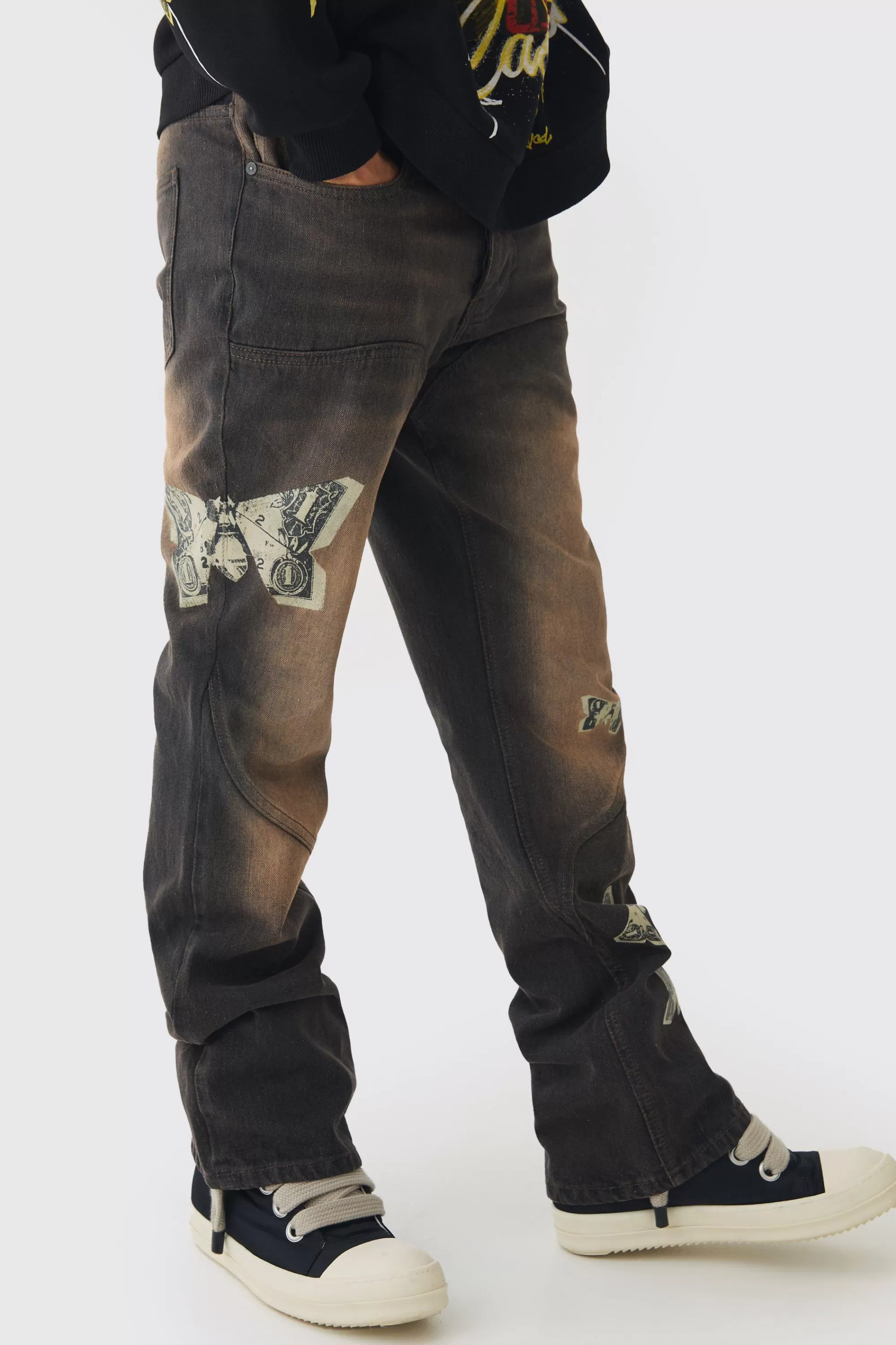 boohooMAN Slim Rigid Flare Dirty Wash Printed Jeans | UK