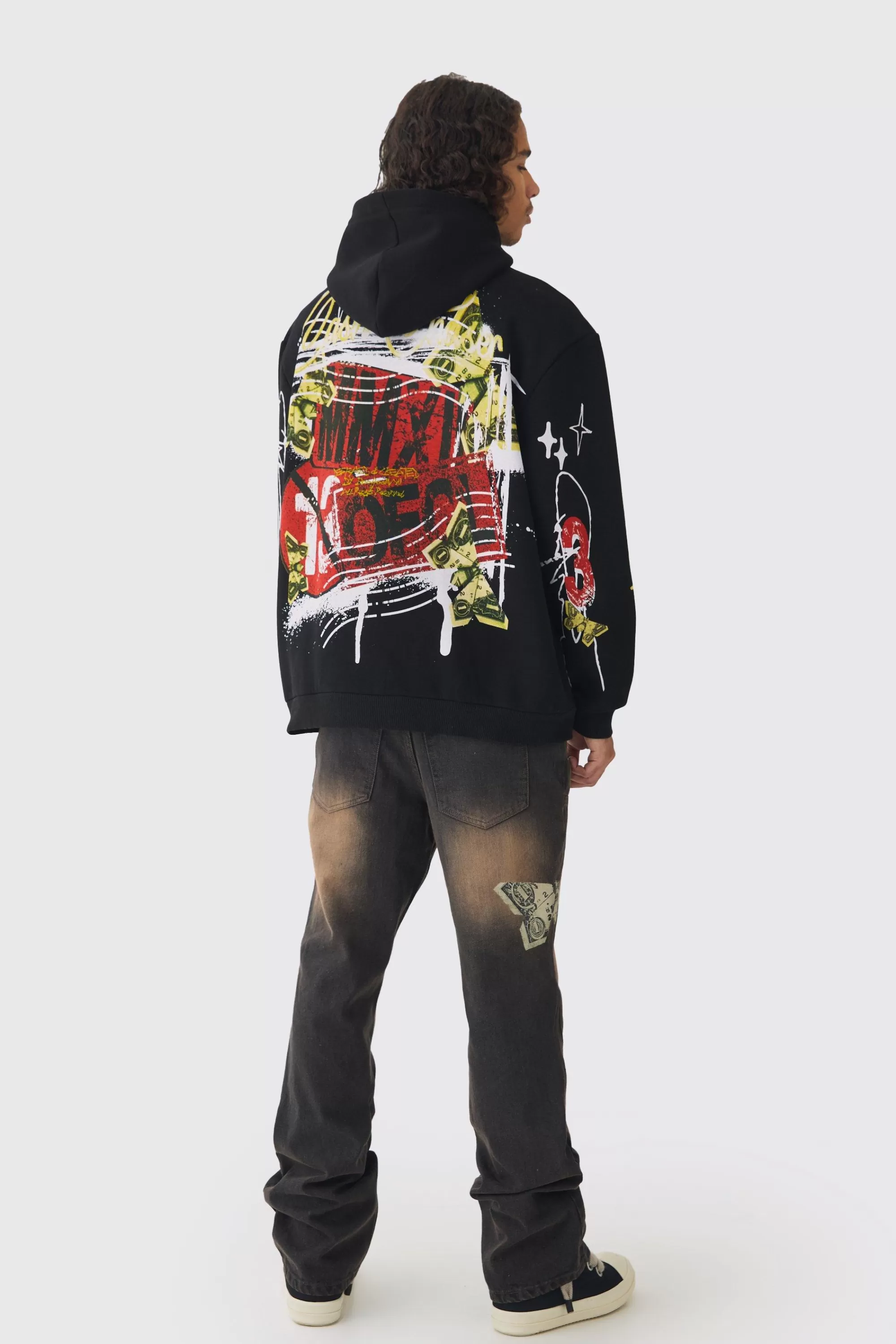 boohooMAN Slim Rigid Flare Dirty Wash Printed Jeans | UK