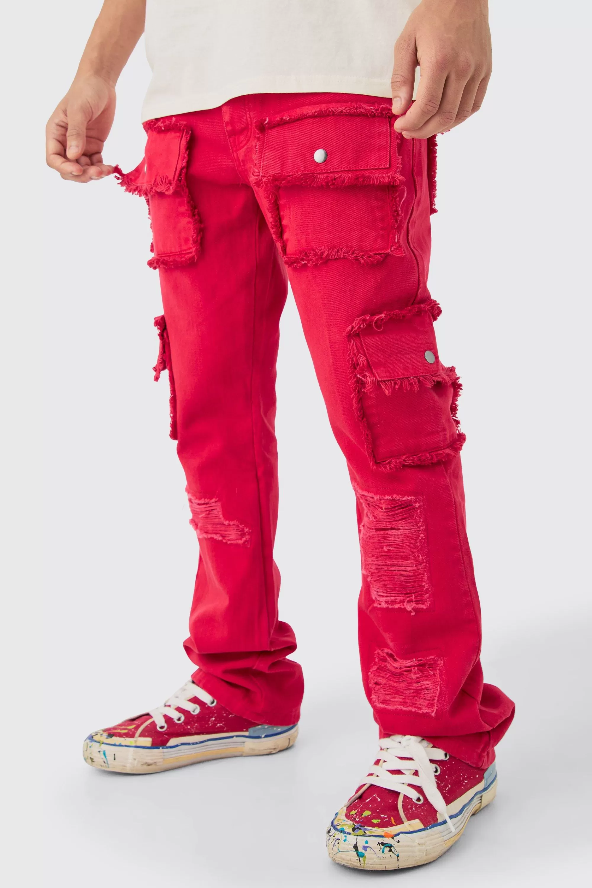boohooMAN Slim Rigid Flare Distressed Pocket Jeans In | UK