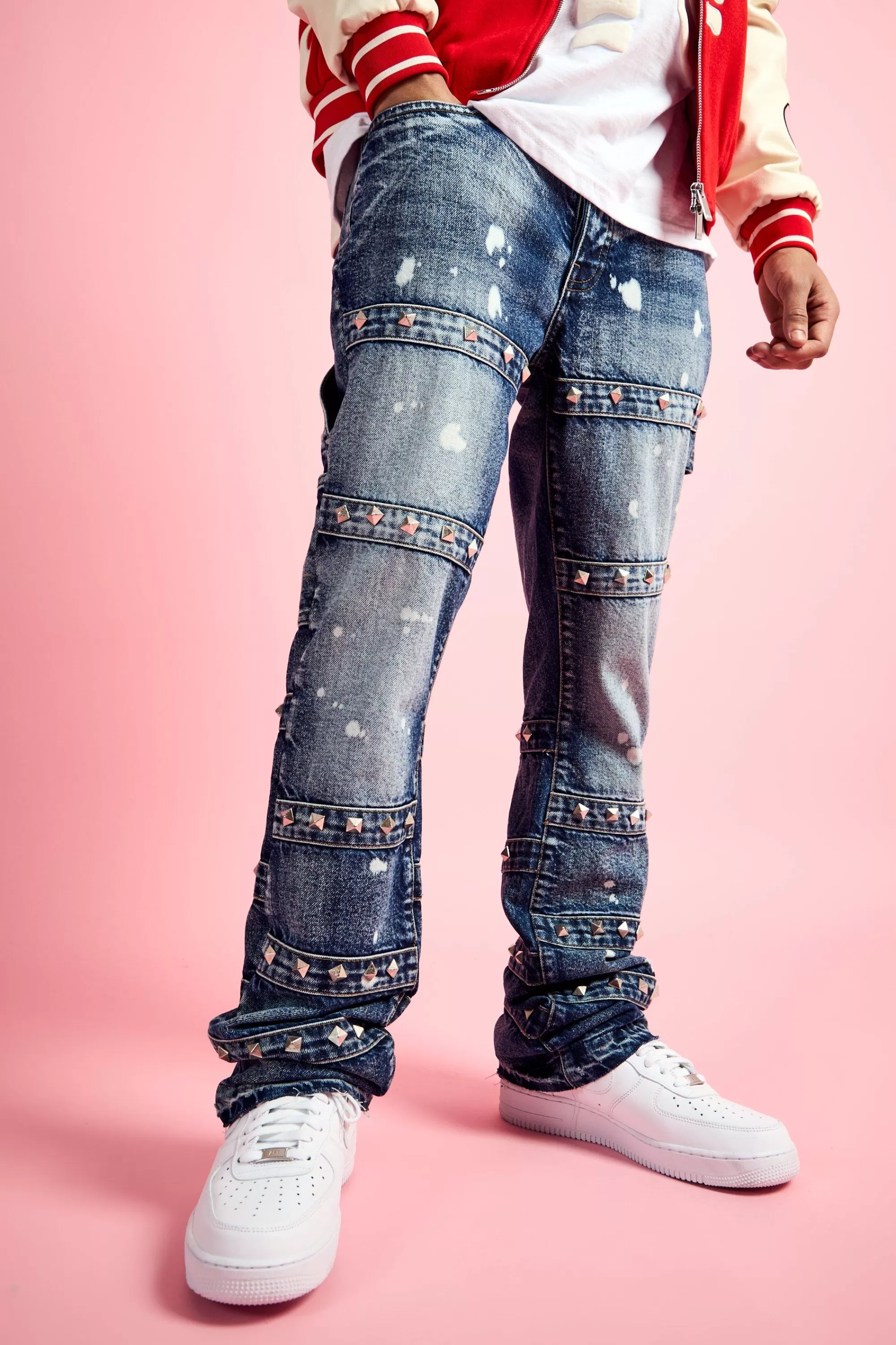 boohooMAN Slim Rigid Flare Embellished Strap Detail Jeans | UK