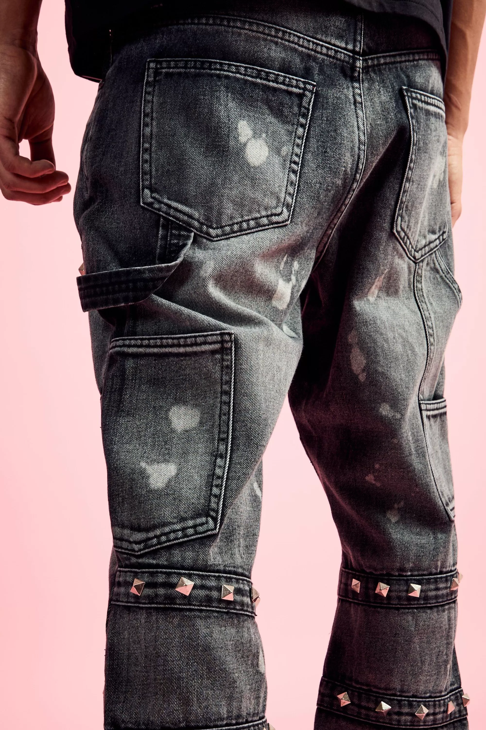 boohooMAN Slim Rigid Flare Embellished Strap Detail Jeans In | UK