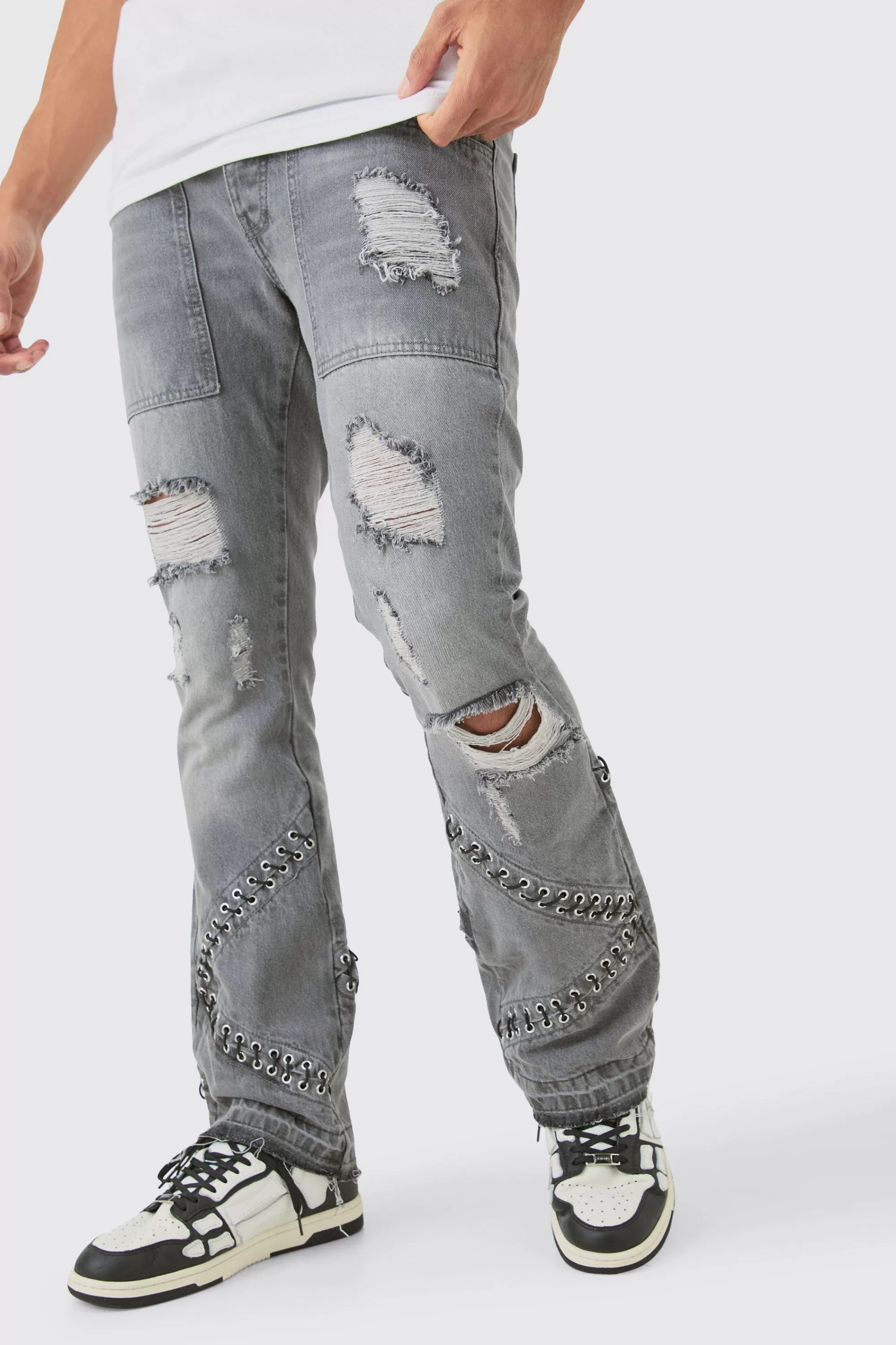 boohooMAN Slim Rigid Flare Hardware Jeans In Light | UK