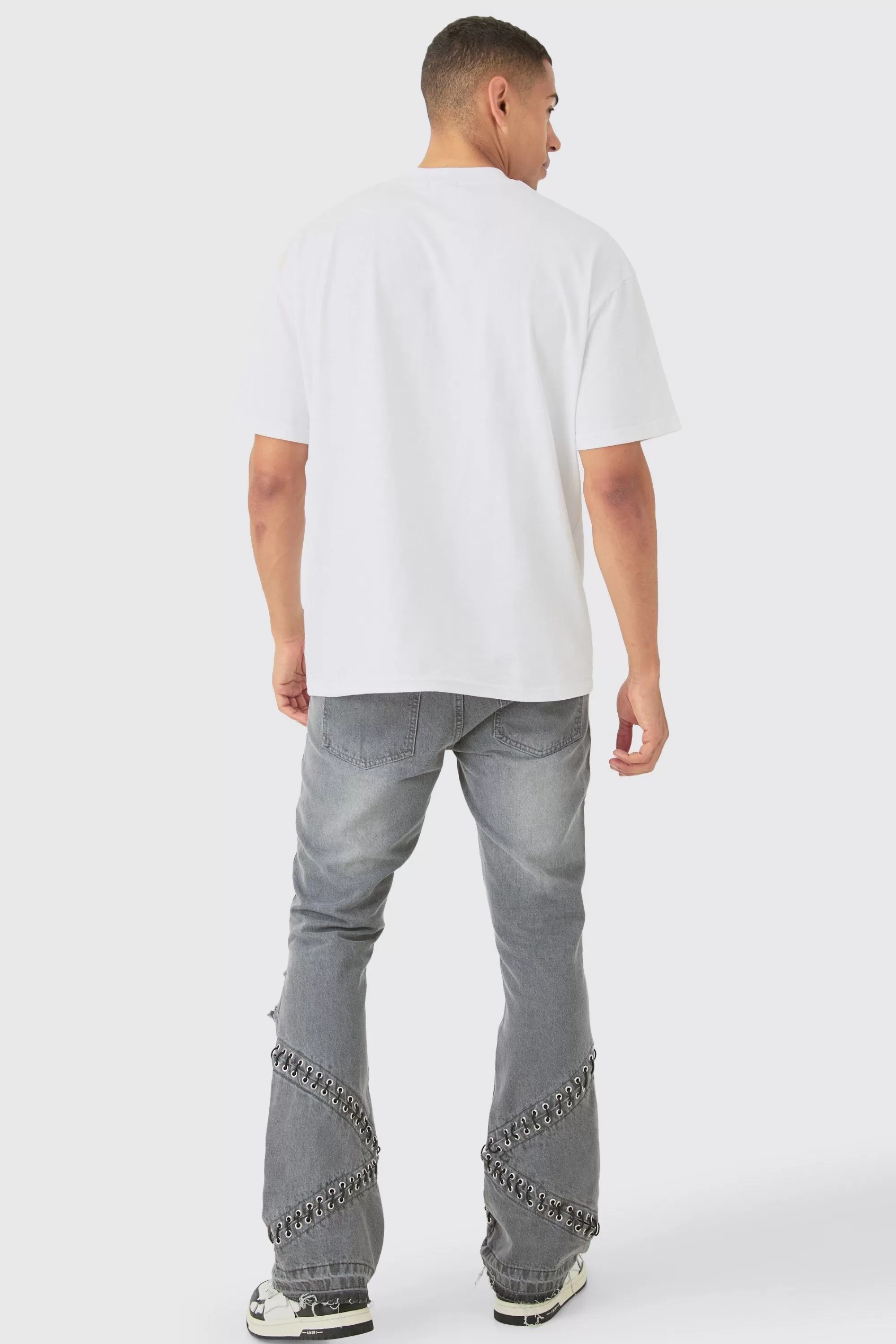 boohooMAN Slim Rigid Flare Hardware Jeans In Light | UK