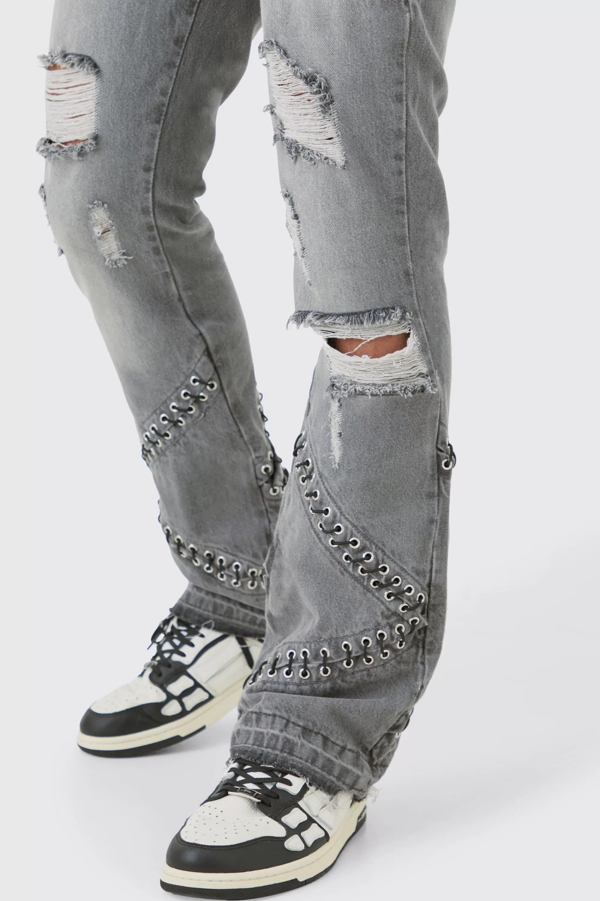 boohooMAN Slim Rigid Flare Hardware Jeans In Light | UK