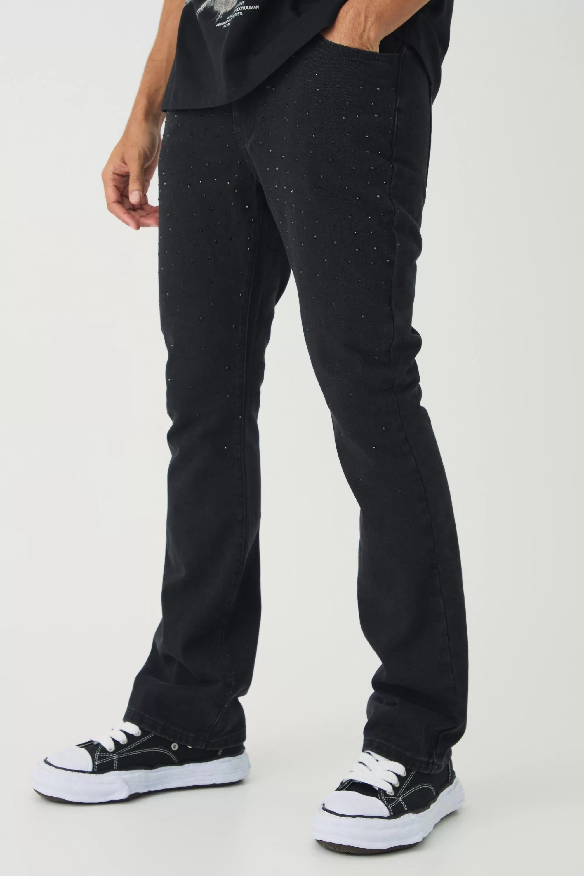 boohooMAN Slim Rigid Flare Rhinestone Jeans | UK