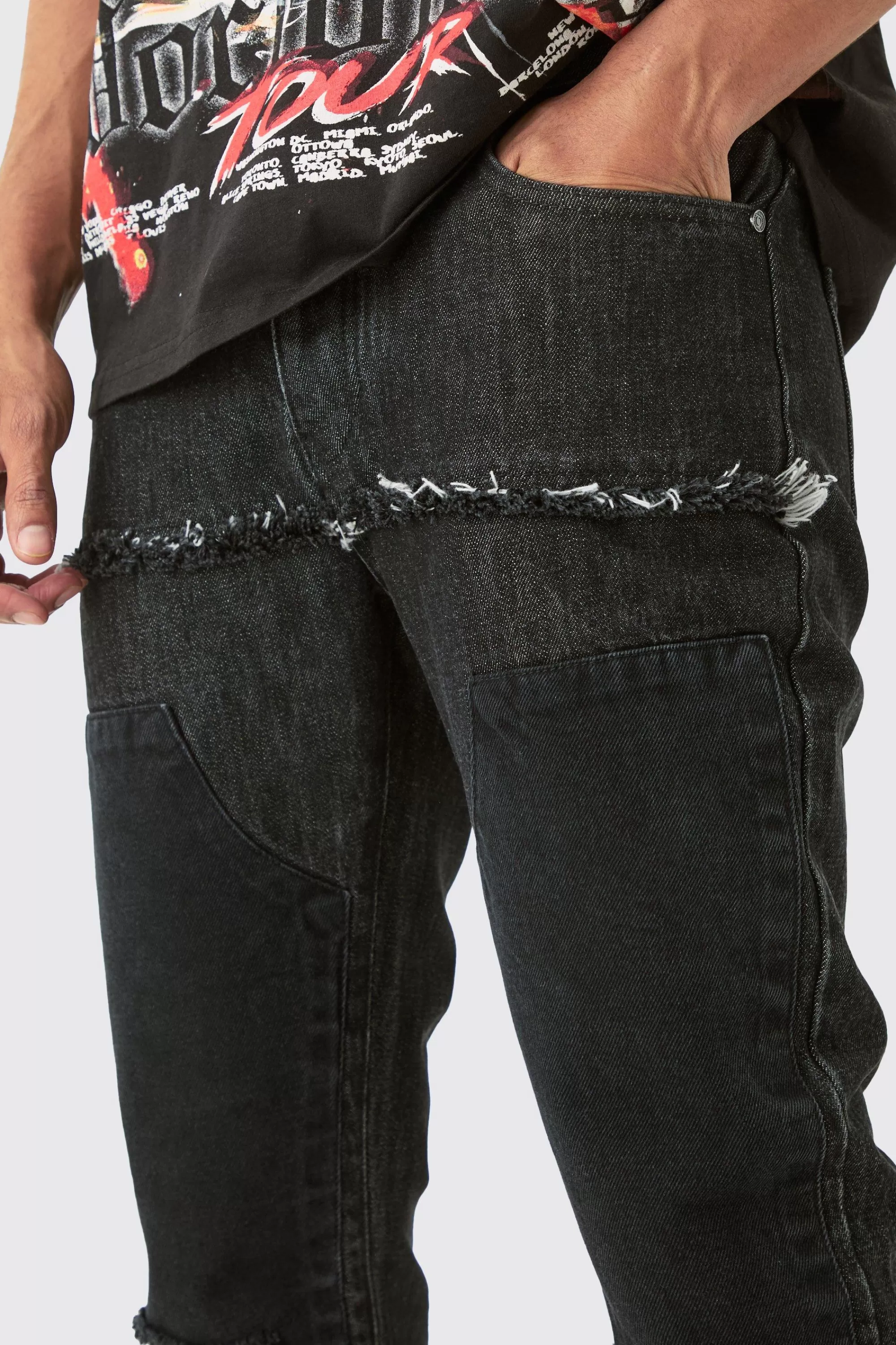 boohooMAN Slim Rigid Flare Ripped Carpenter Overdye Denim Jean In | UK