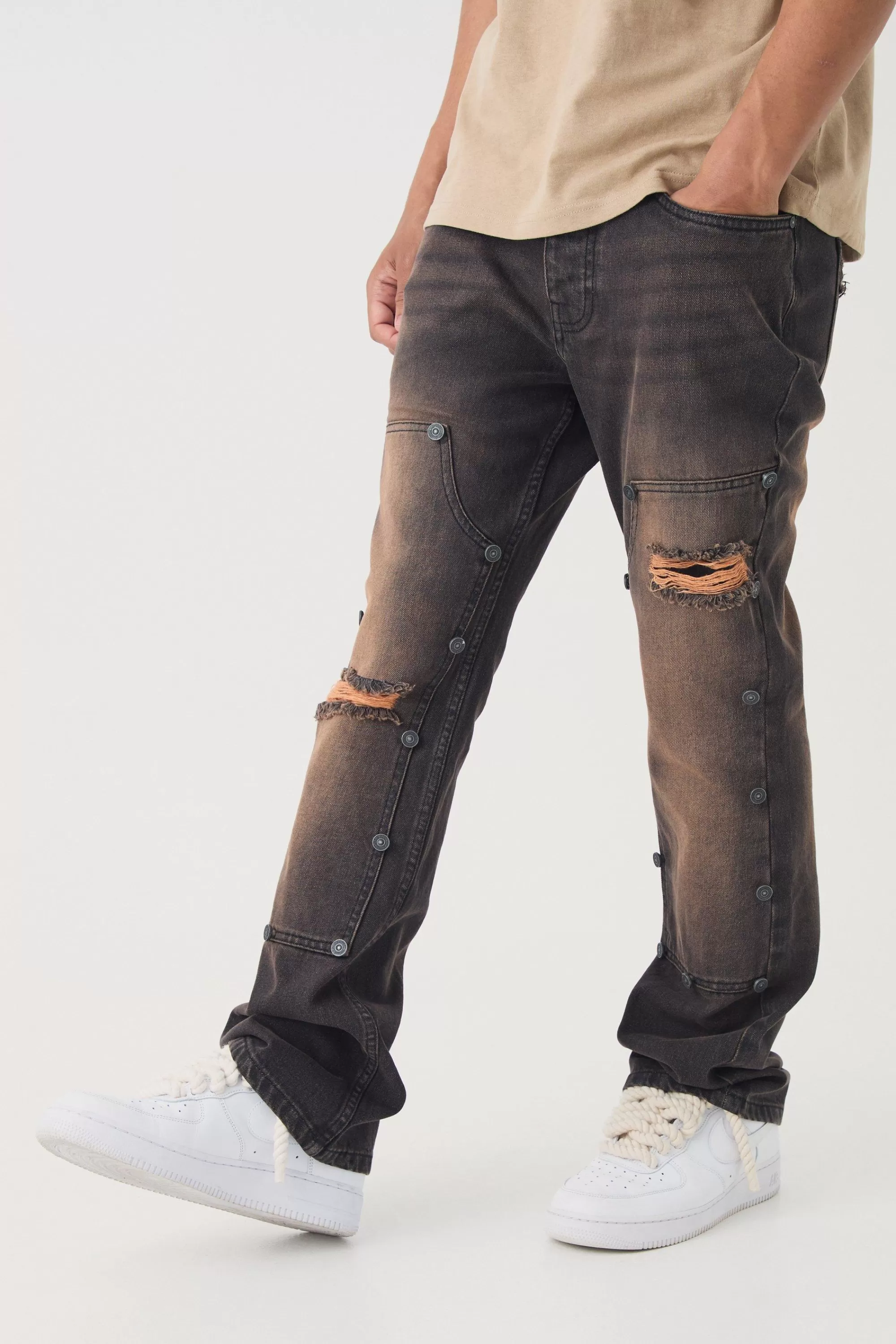 boohooMAN Slim Rigid Flare Vintage Wash Carpenter Ripped Jeans | UK