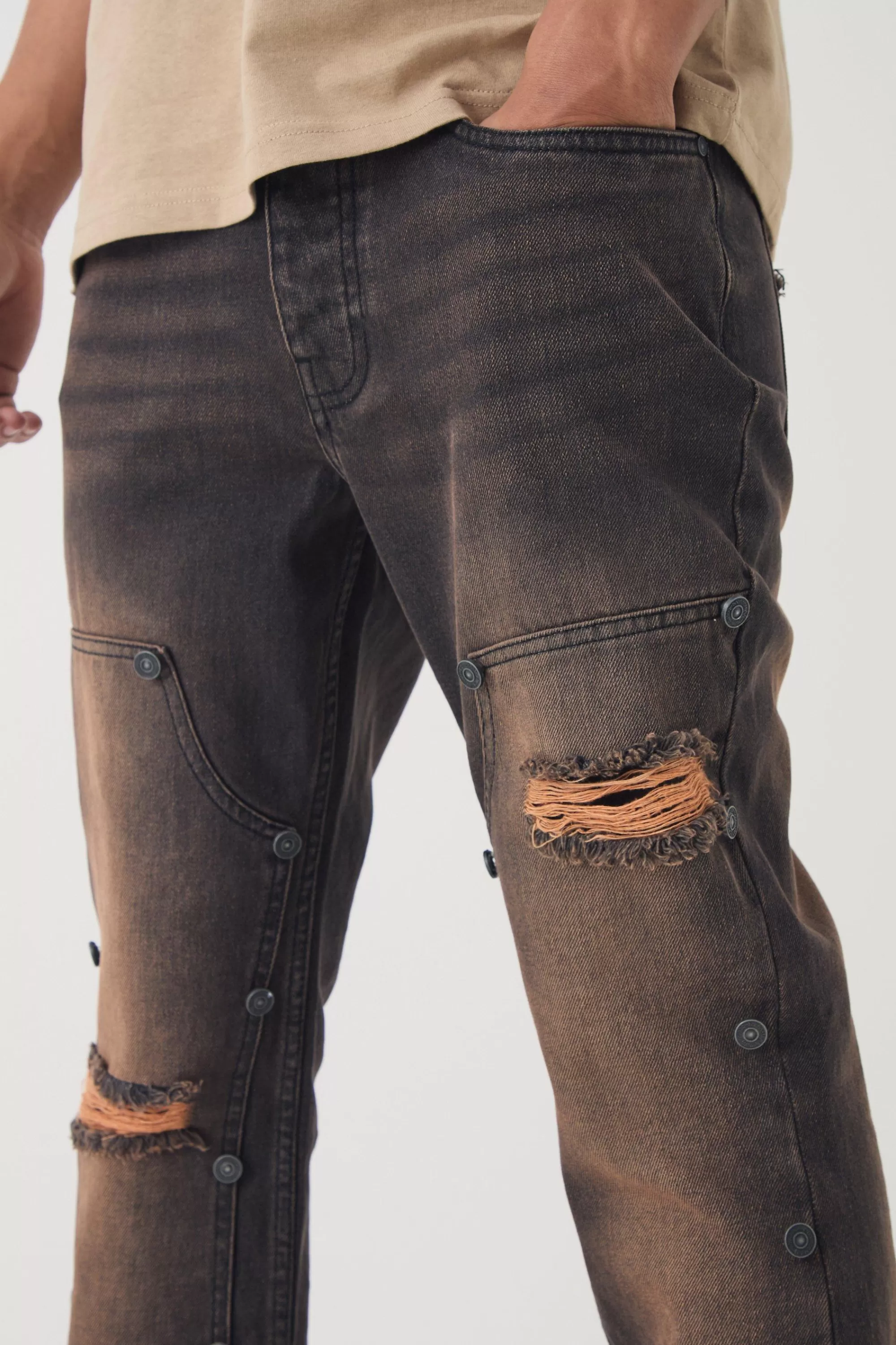 boohooMAN Slim Rigid Flare Vintage Wash Carpenter Ripped Jeans | UK