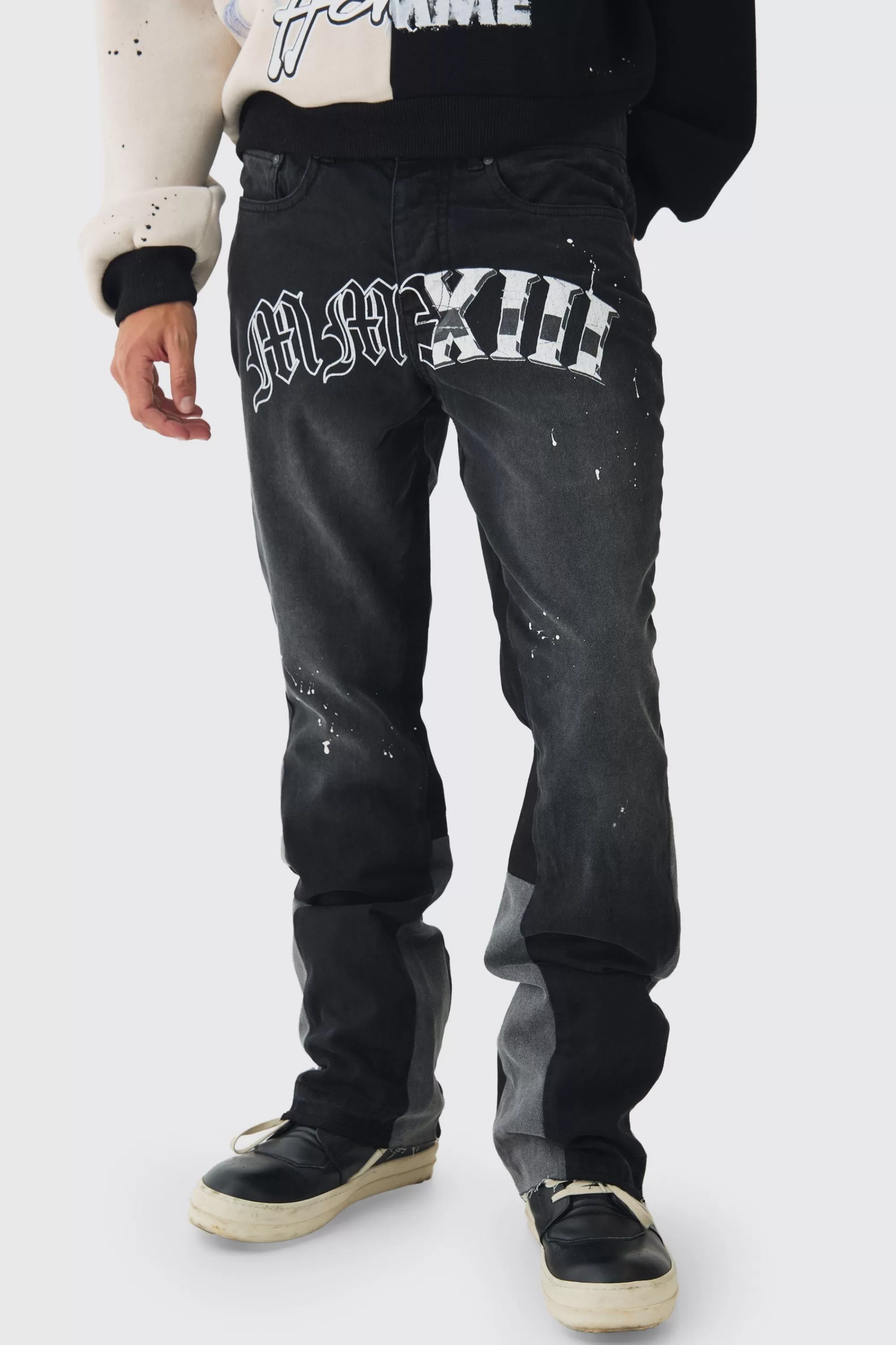 boohooMAN Slim Rigid Flare Washed Gusset Paint Splat Jeans | UK