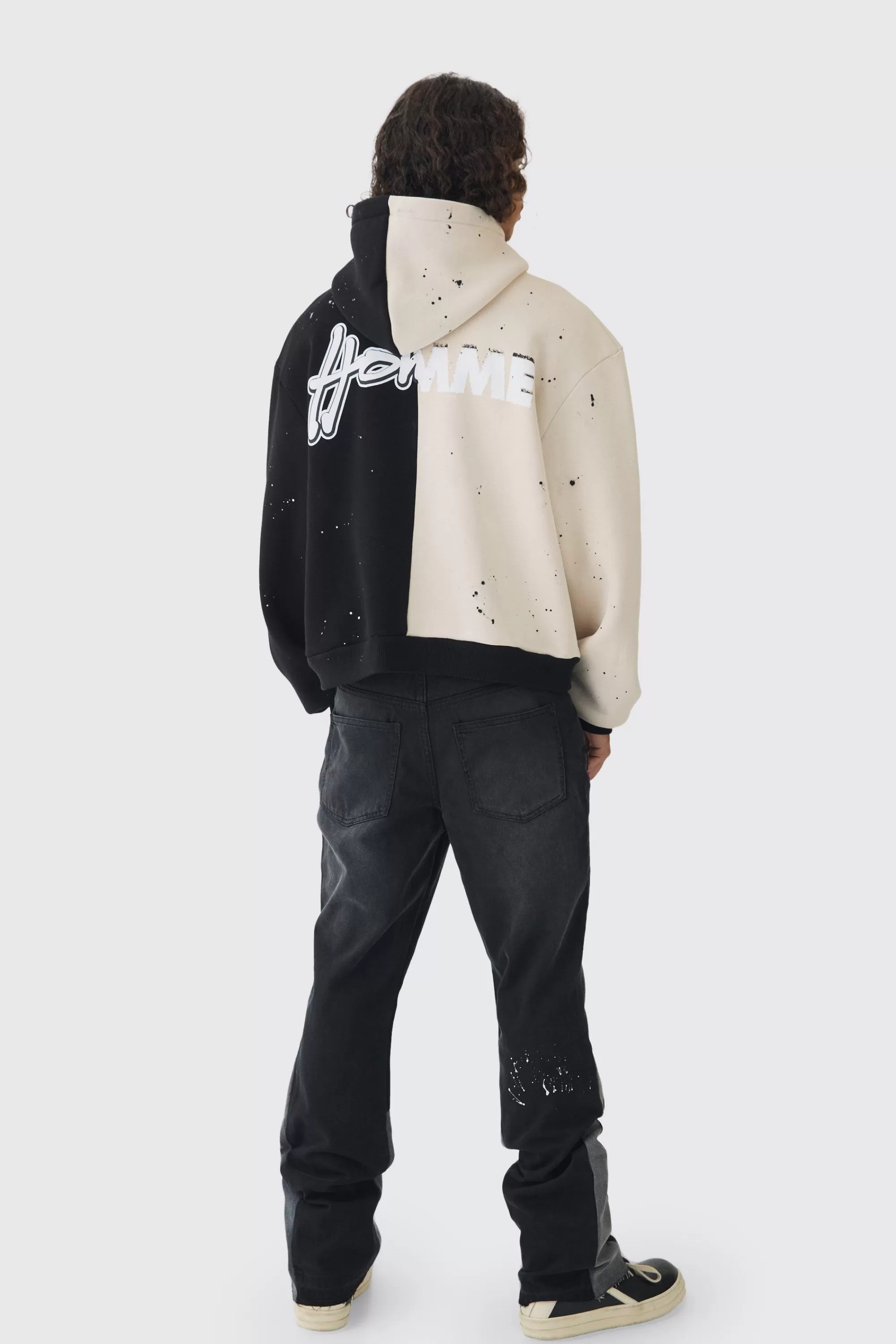 boohooMAN Slim Rigid Flare Washed Gusset Paint Splat Jeans | UK