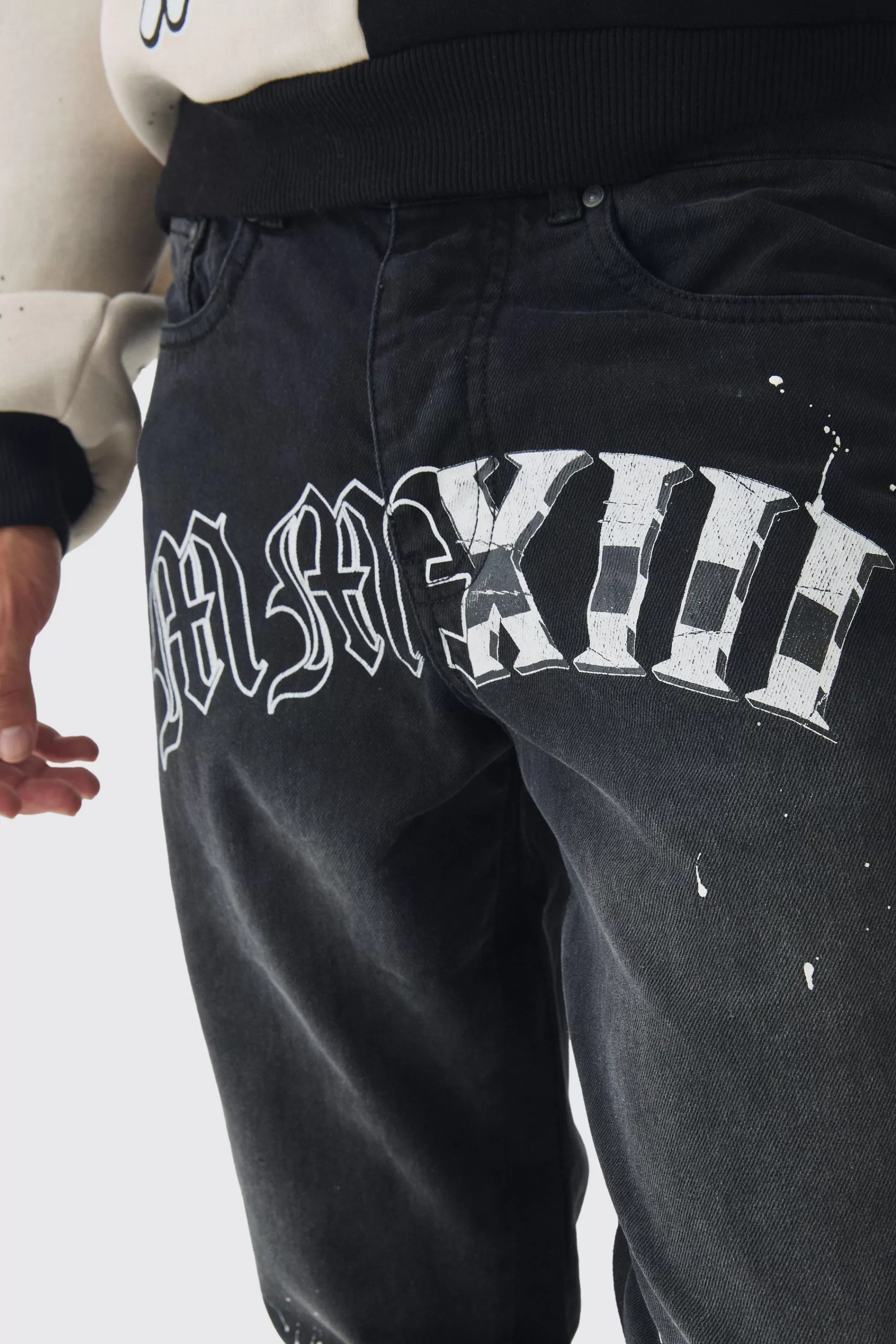 boohooMAN Slim Rigid Flare Washed Gusset Paint Splat Jeans | UK