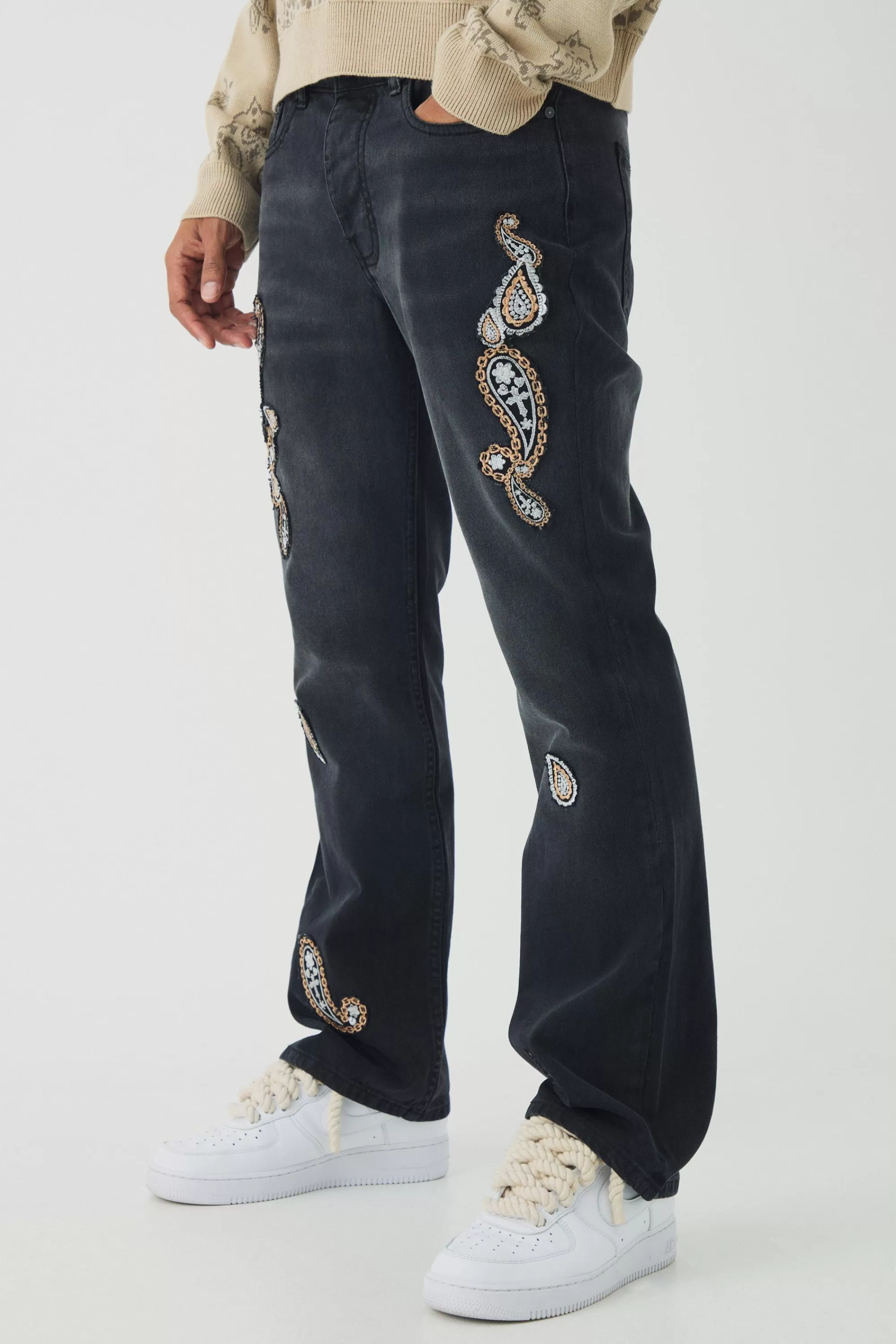 boohooMAN Slim Rigid Flare Washed Paisley Applique Jeans | UK