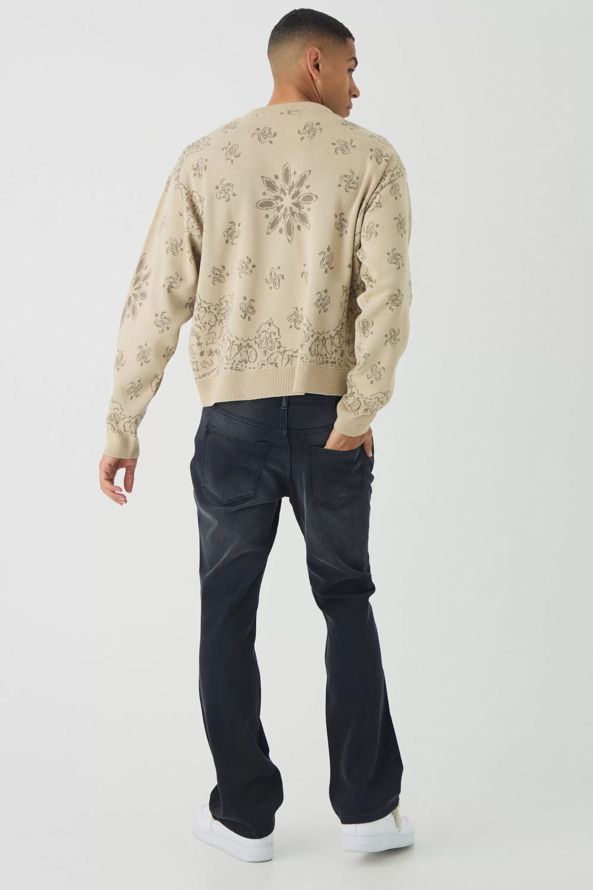 boohooMAN Slim Rigid Flare Washed Paisley Applique Jeans | UK