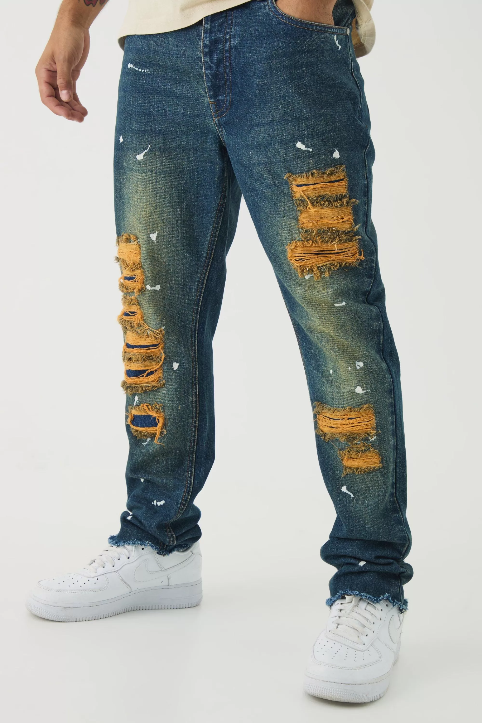 boohooMAN Slim Rigid Paint Splat Ripped Jeans | UK