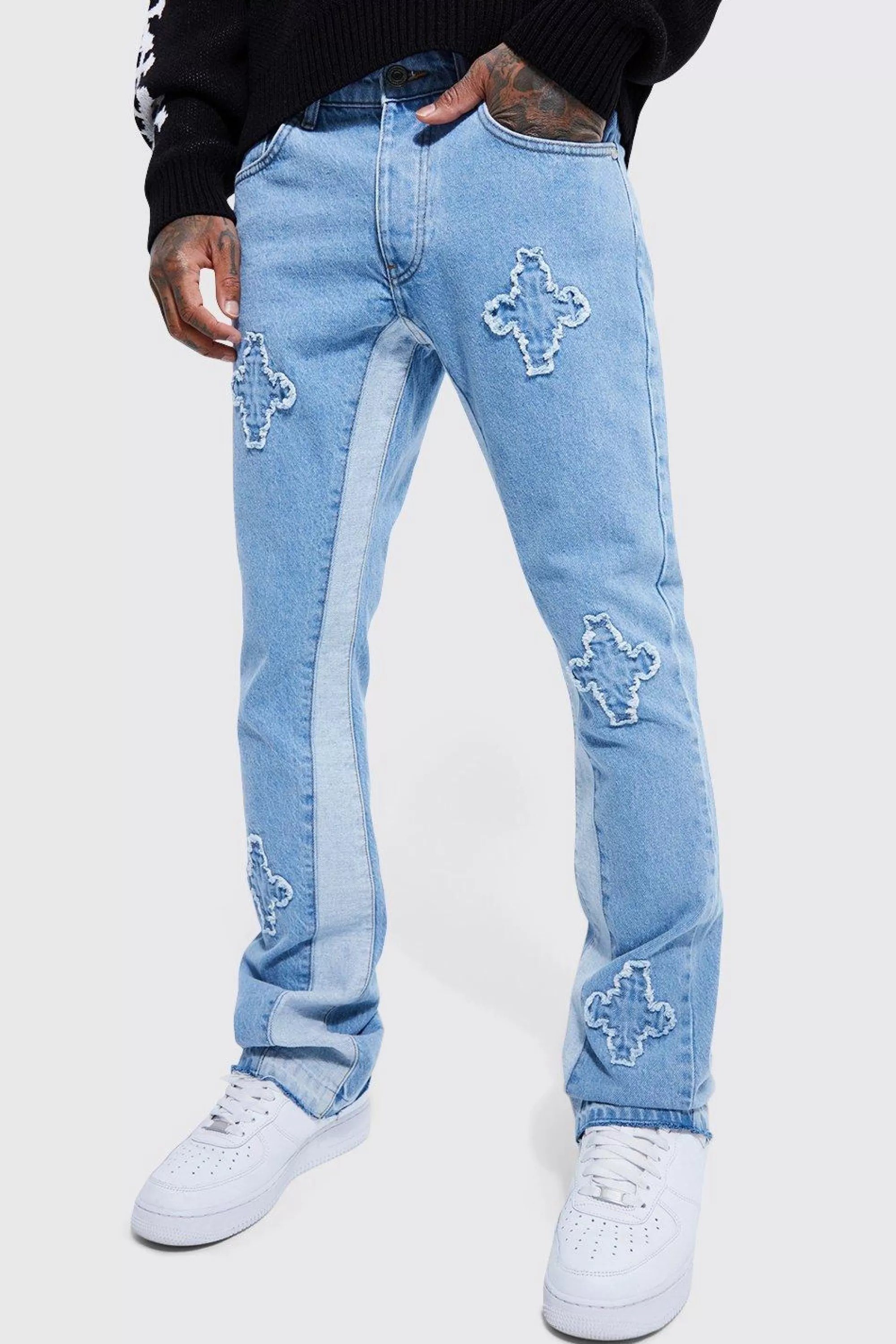 boohooMAN Slim Rigid Panelled Applique Flare Jeans | UK