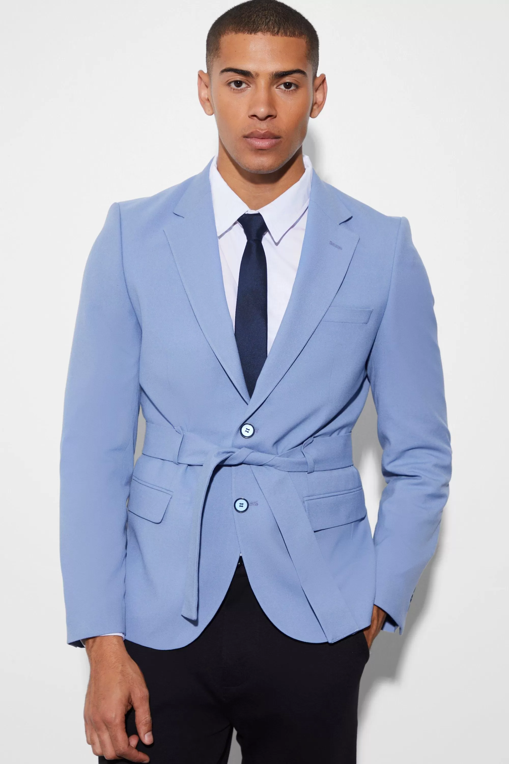 boohooMAN Slim Single Breasted Blazer With Belt | UK