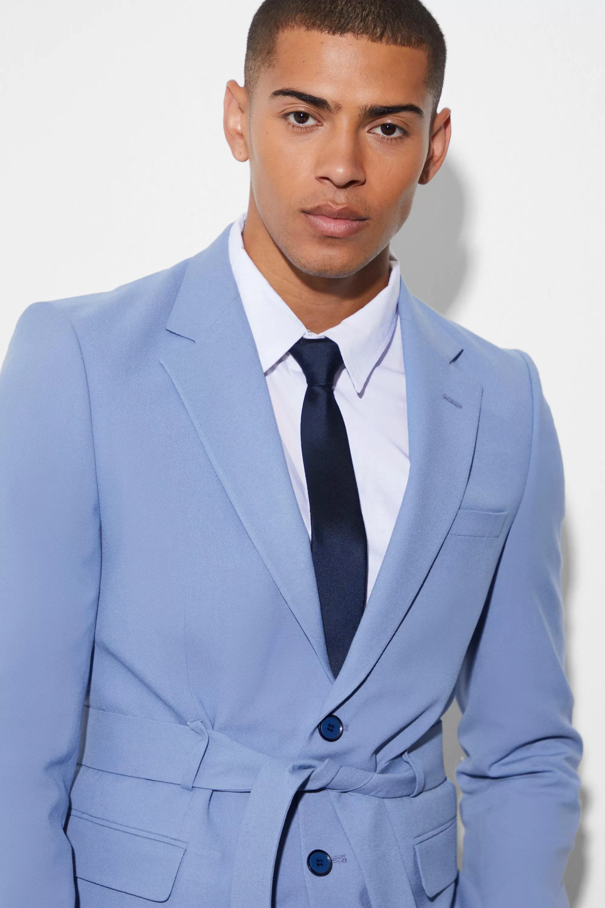 boohooMAN Slim Single Breasted Blazer With Belt | UK