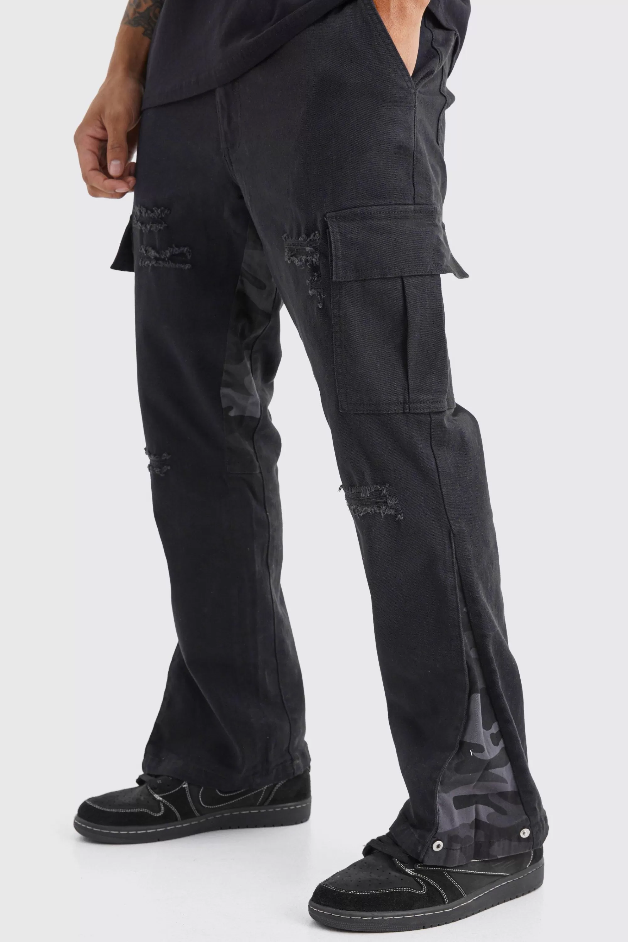 boohooMAN Slim Stacked Flare Camo Gusset Rip And Repair Trouser | UK