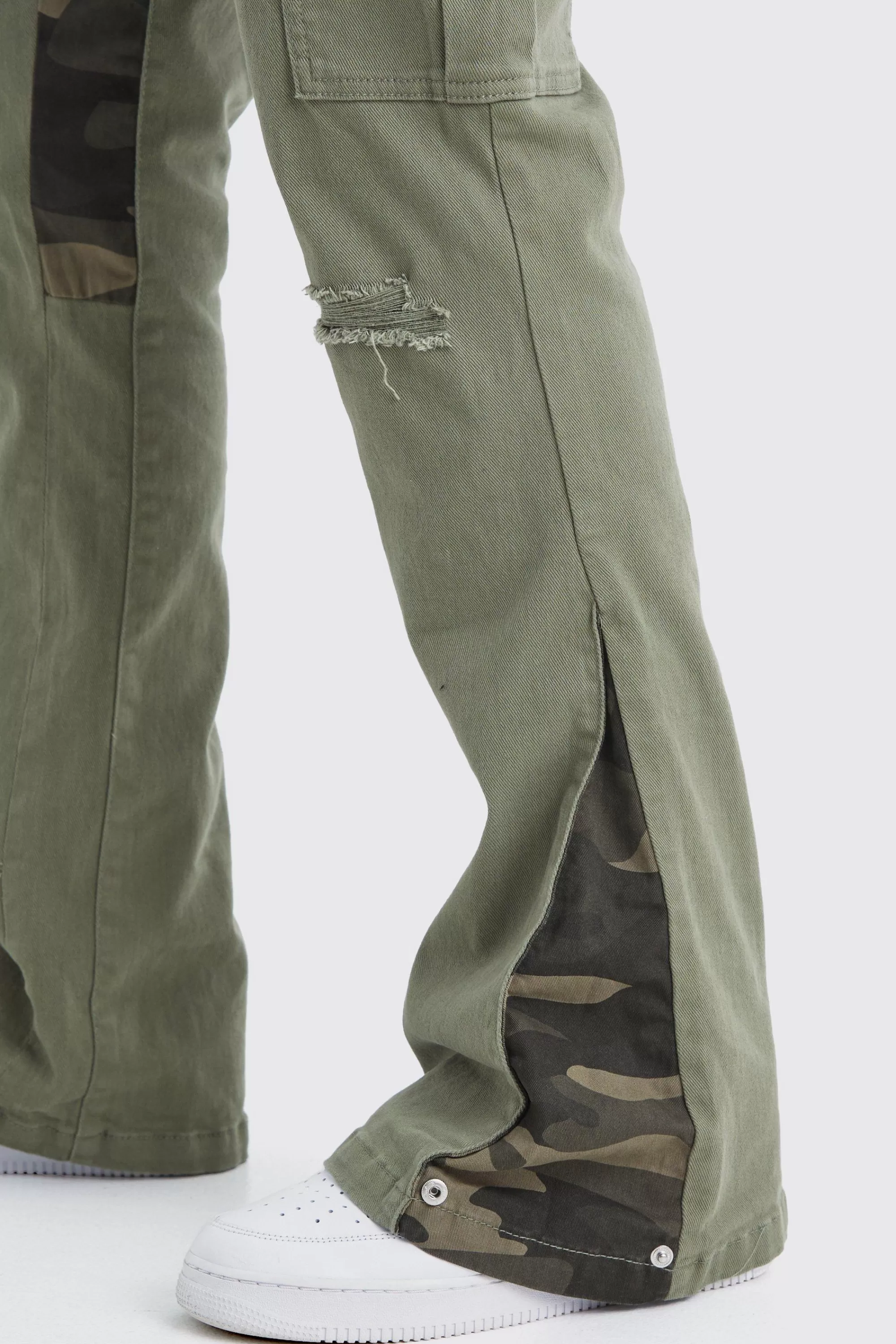 boohooMAN Slim Stacked Flare Camo Gusset Rip And Repair Trouser | UK