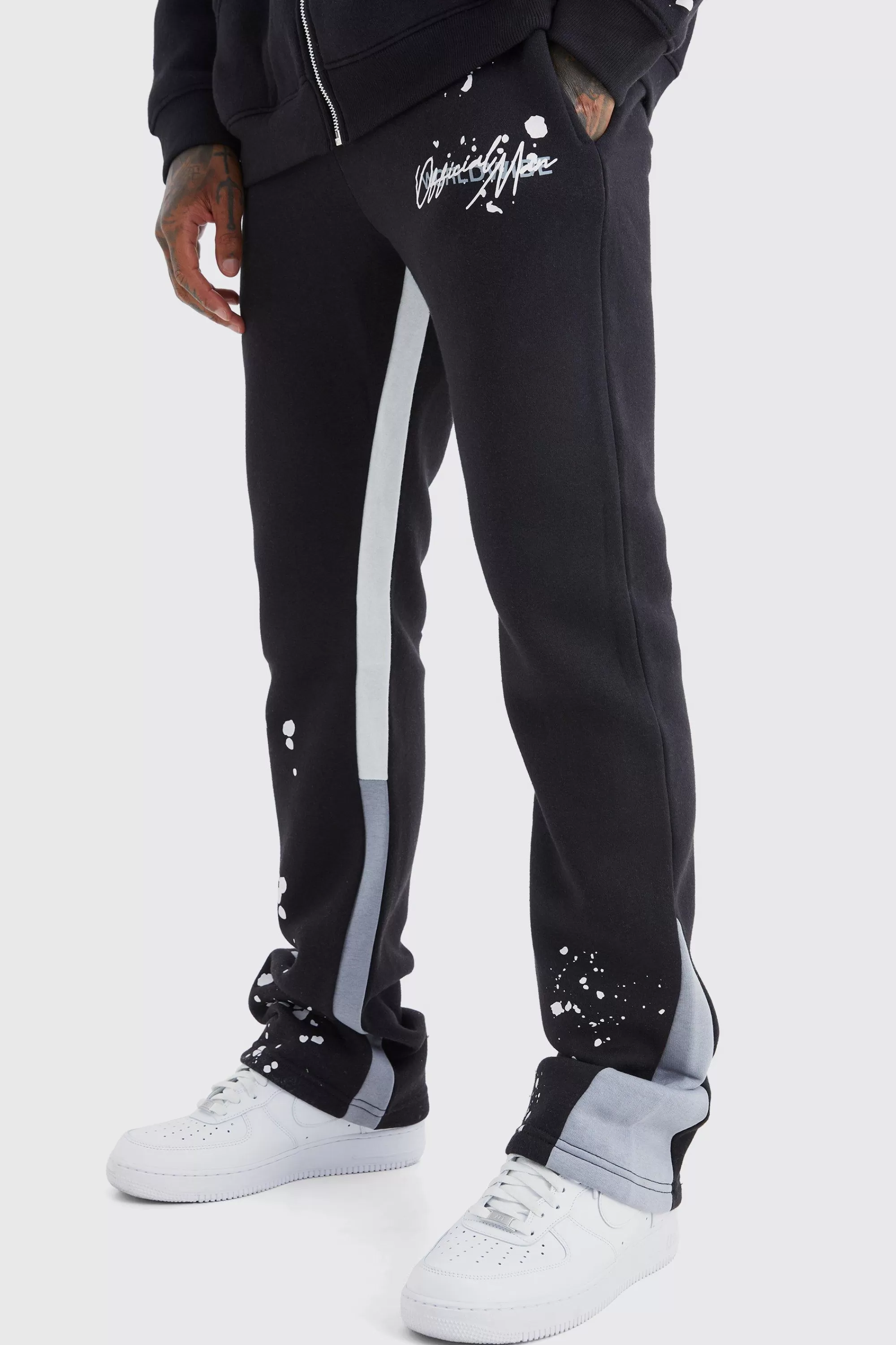 boohooMAN Slim Stacked Flare Jogger With Gusset Panel | UK
