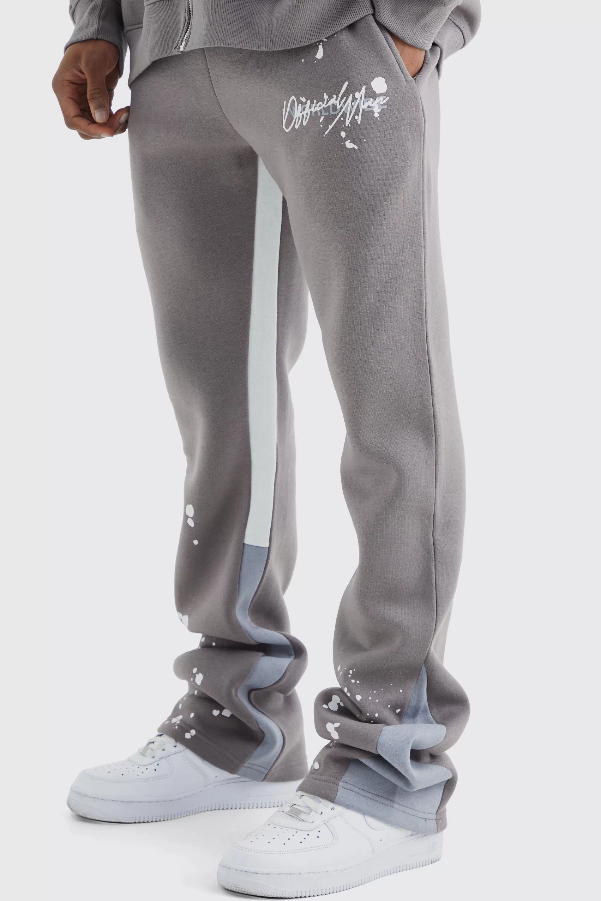 boohooMAN Slim Stacked Flare Jogger With Gusset Panel | UK