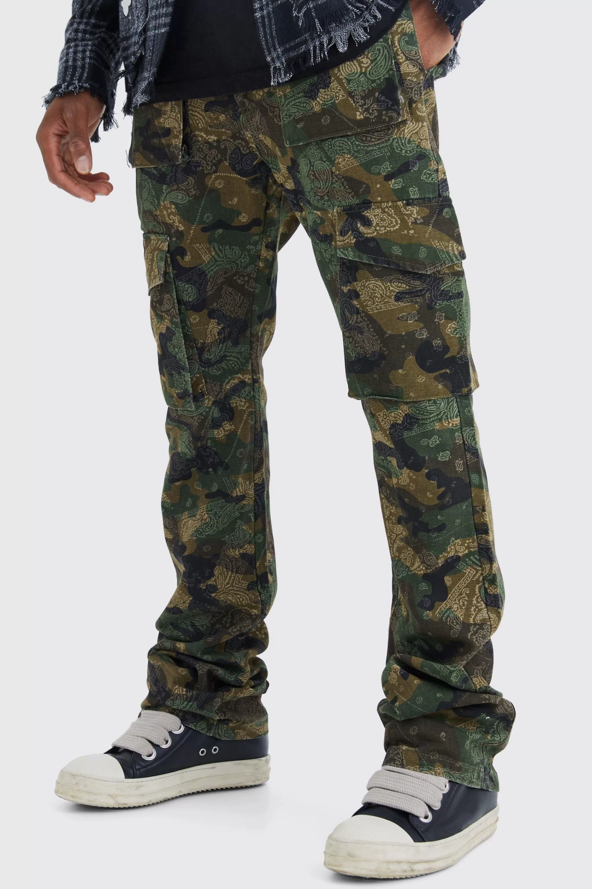 boohooMAN Slim Stacked Flare Multi Cargo Camo Bandana Trouser | UK