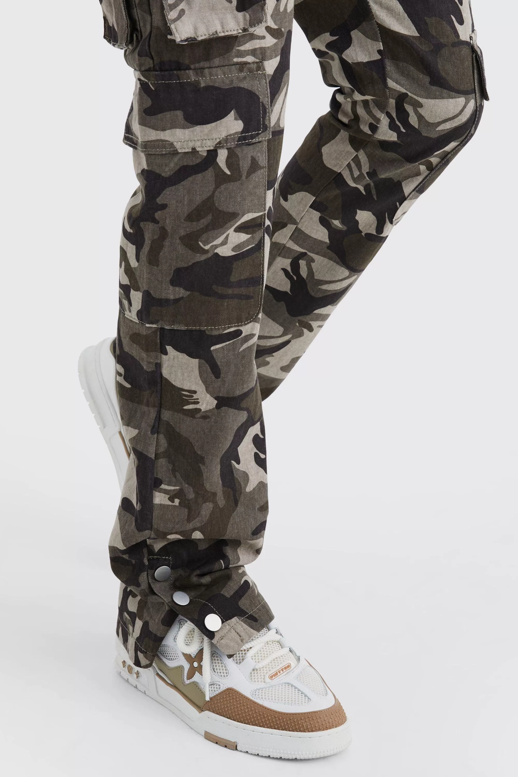 boohooMAN Slim Stacked Popper Hem Multi Cargo Camo Trouser | UK