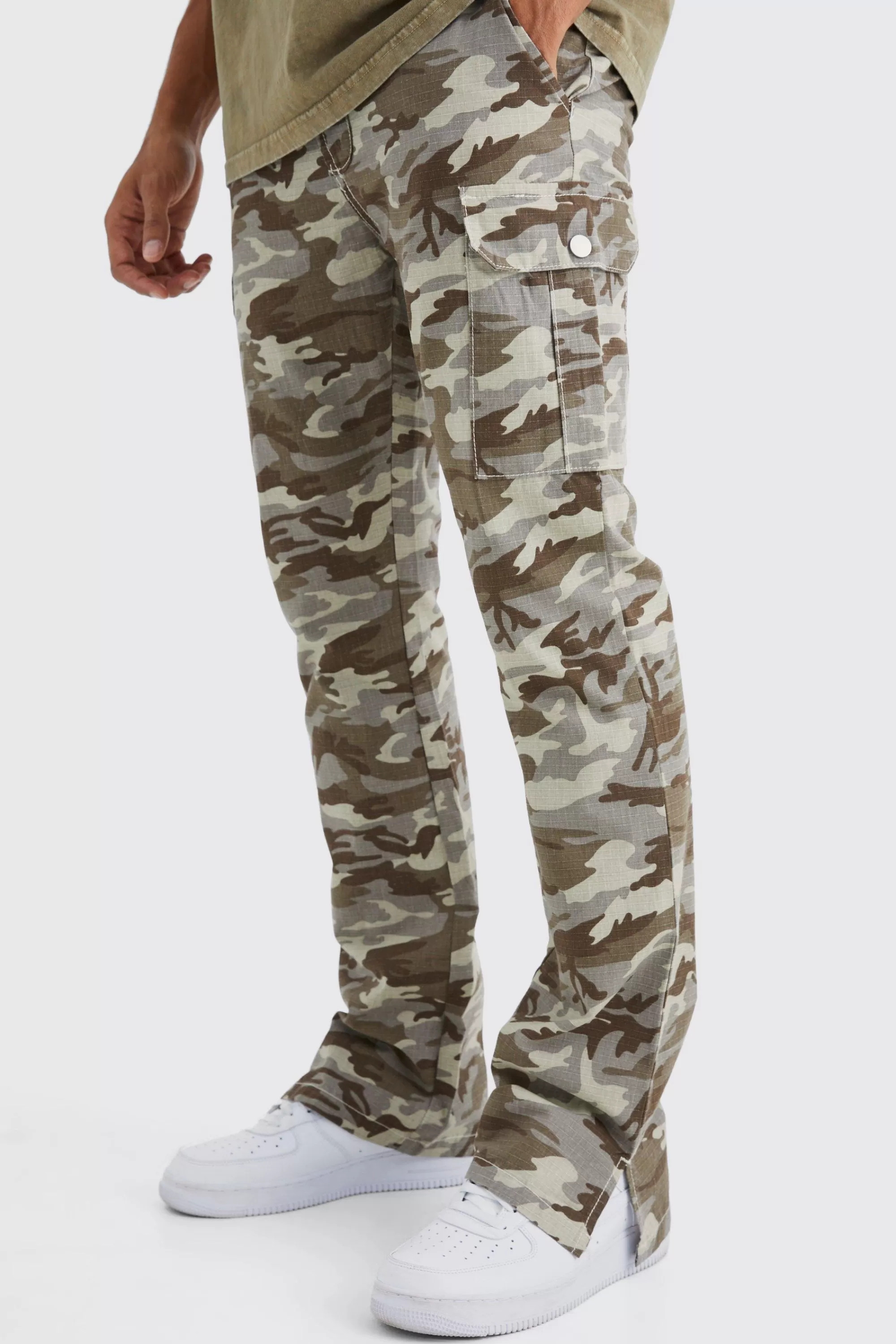 boohooMAN Slim Stacked Ripstop Split Hem Cargo Camo Trouser | UK