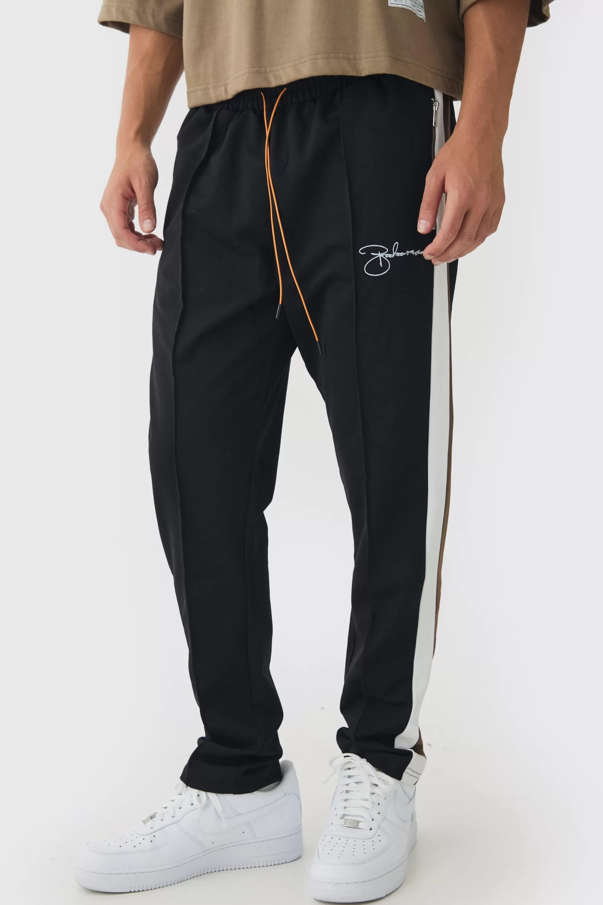 boohooMAN Slim Tapered Pique Panel Embroidered Jogger | UK