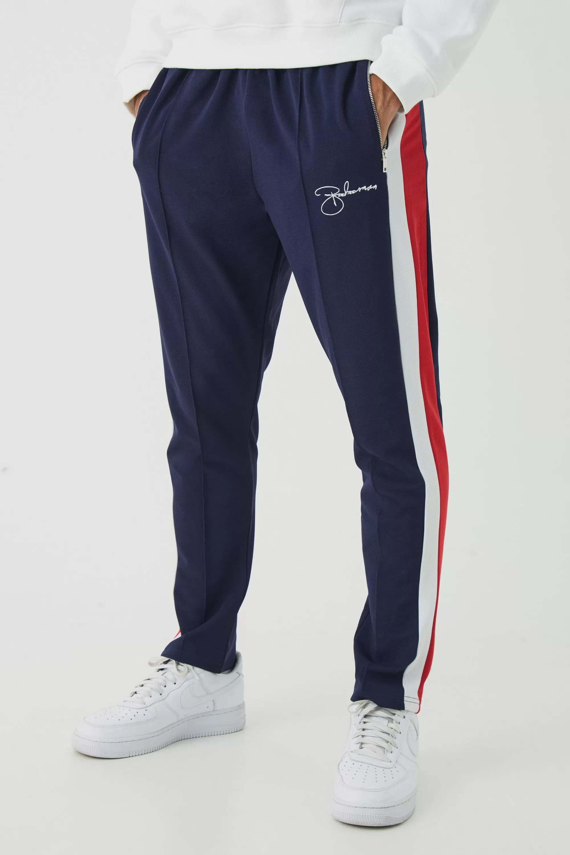 boohooMAN Slim Tapered Pique Panel Embroidered Jogger | UK