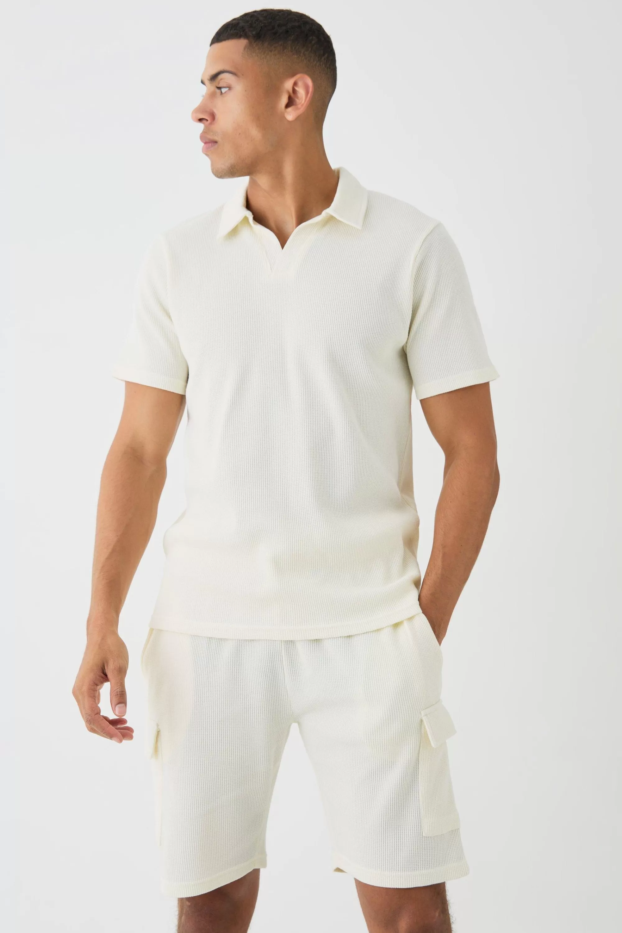 boohooMAN Slim Waffle Revere Polo And Cargo Shorts Set | UK