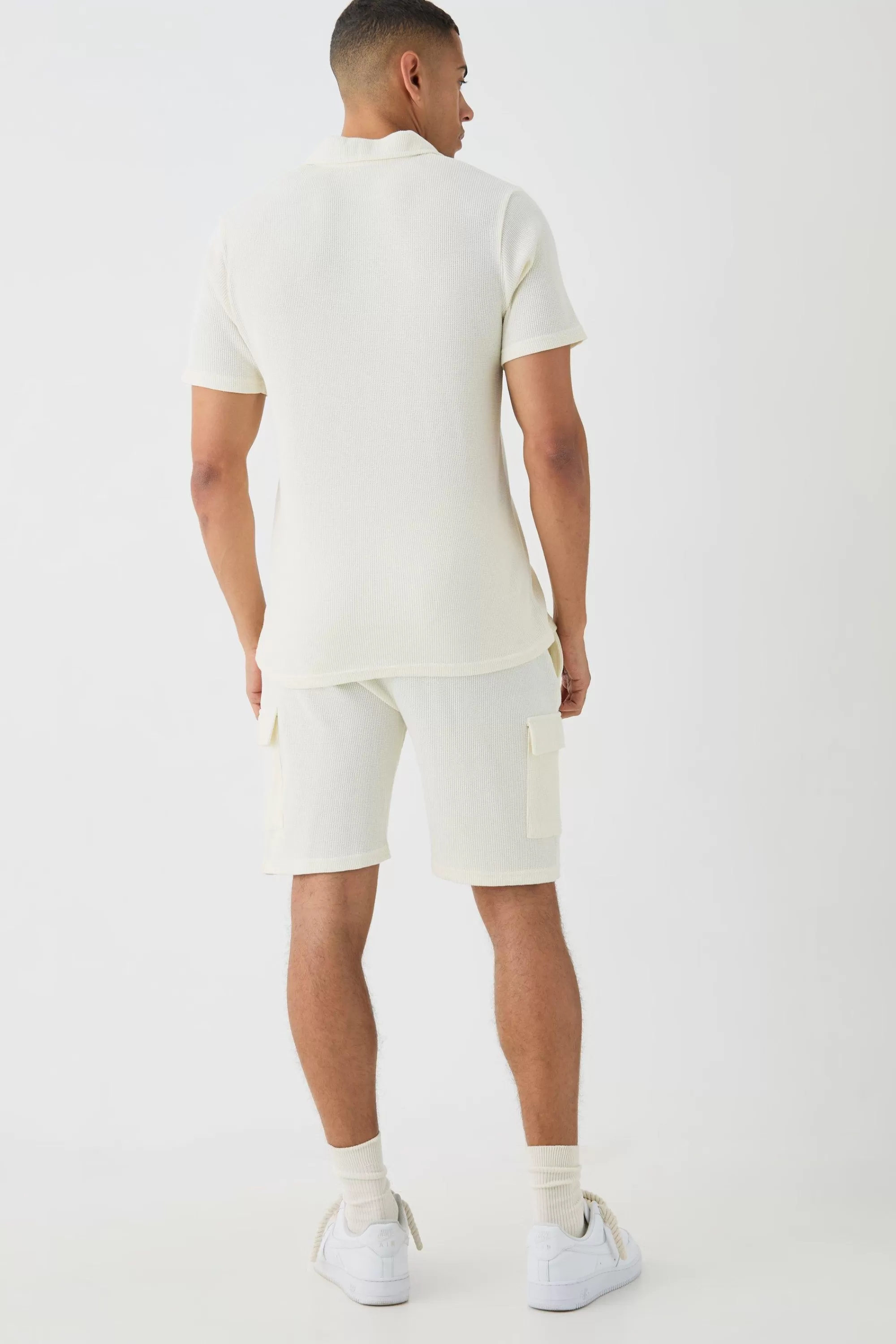 boohooMAN Slim Waffle Revere Polo And Cargo Shorts Set | UK