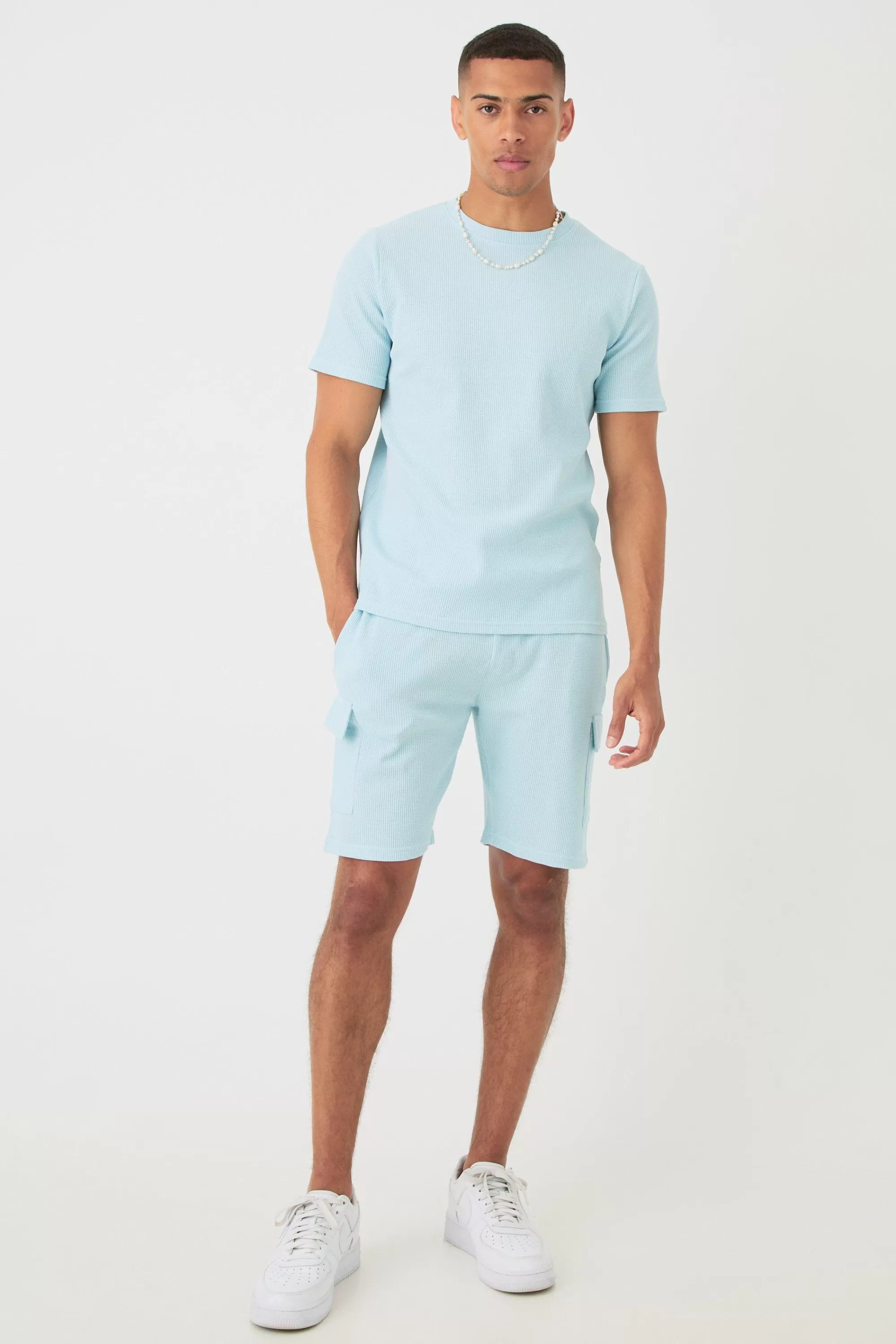 boohooMAN Slim Waffle T-shirt & Cargo Short Set | UK