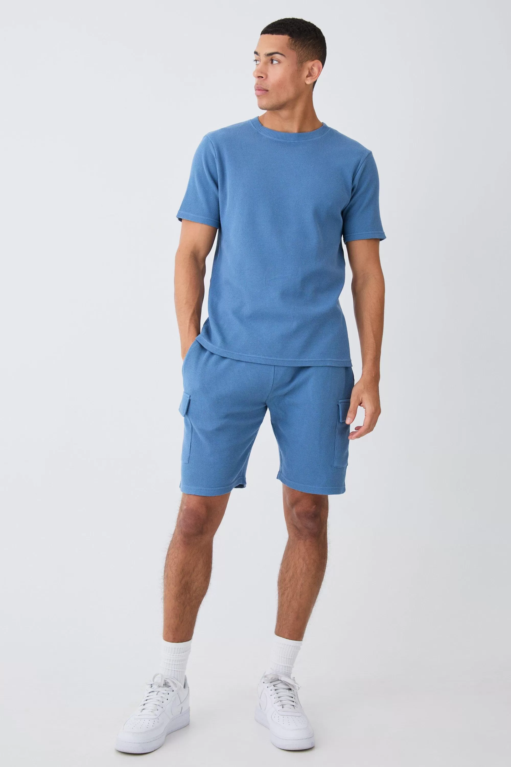 boohooMAN Slim Waffle T-shirt & Cargo Short Set | UK
