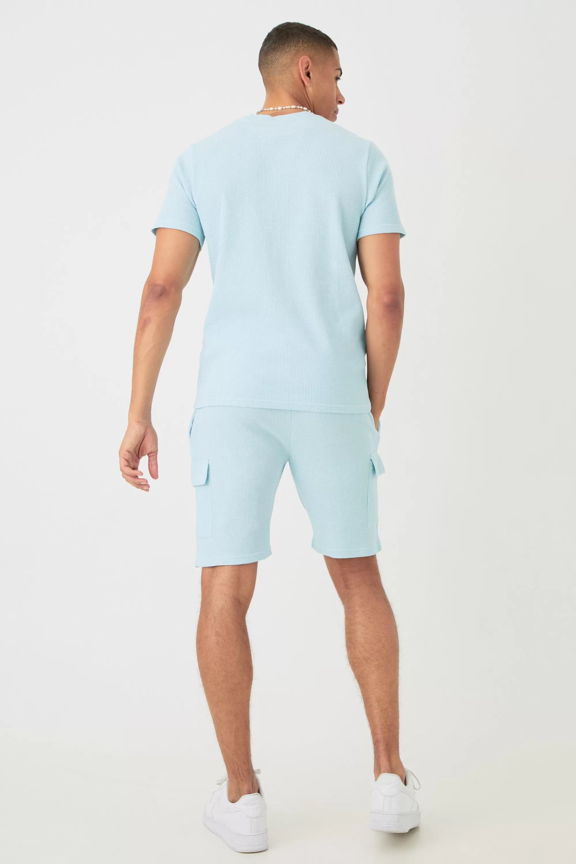 boohooMAN Slim Waffle T-shirt & Cargo Short Set | UK