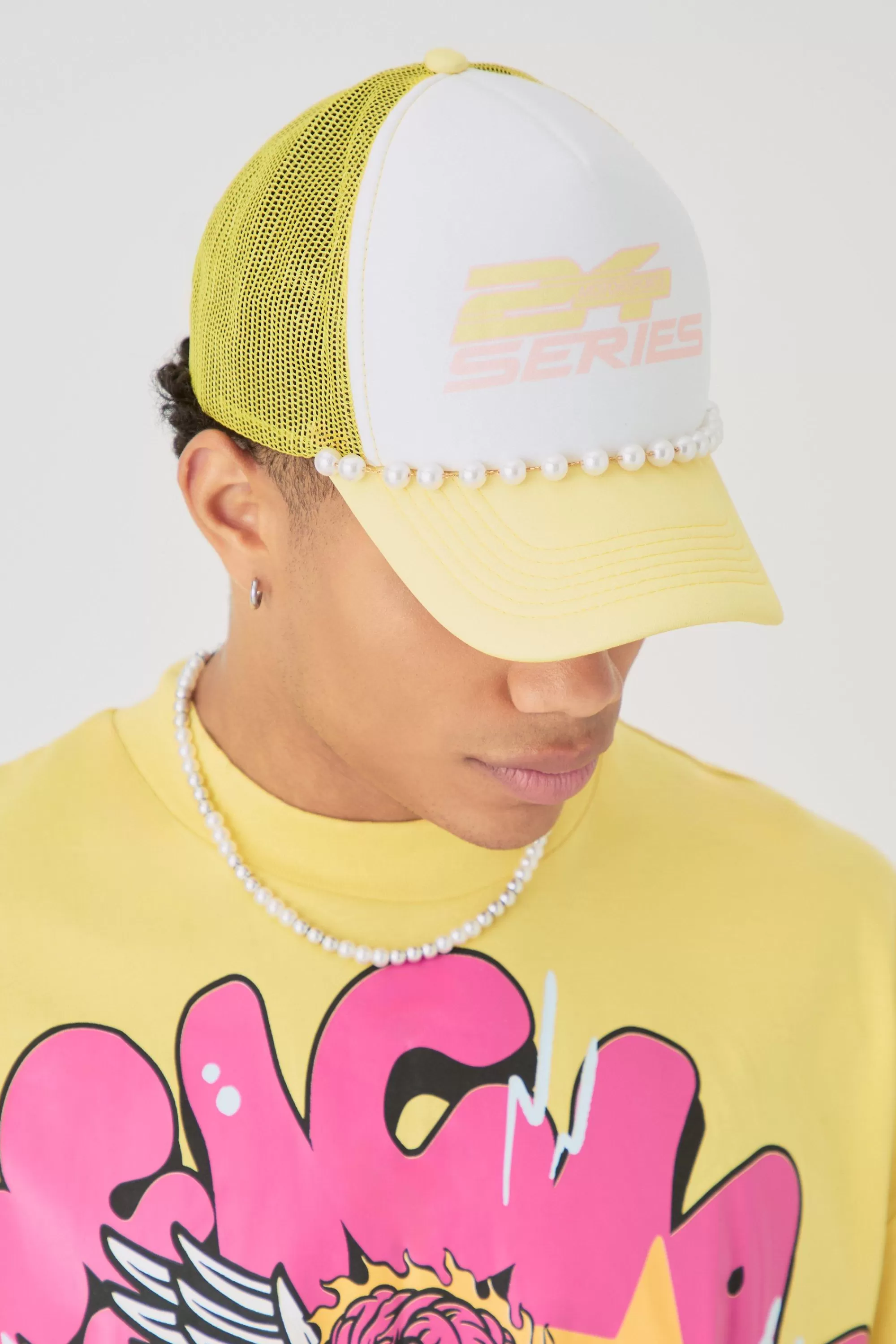 boohooMAN Slogan Foam Front Trucker Cap With Pearl Detail In Pastel | UK