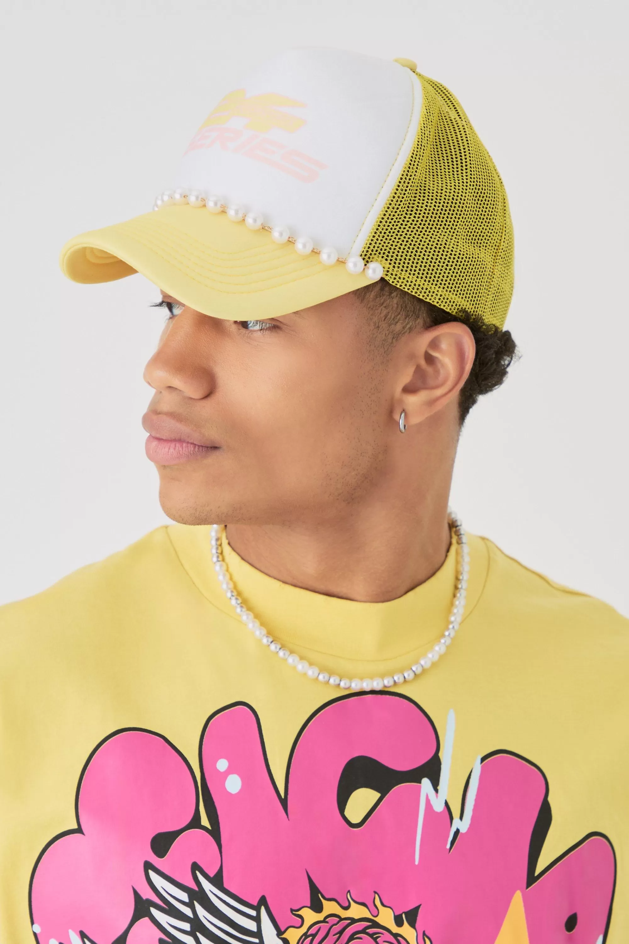 boohooMAN Slogan Foam Front Trucker Cap With Pearl Detail In Pastel | UK
